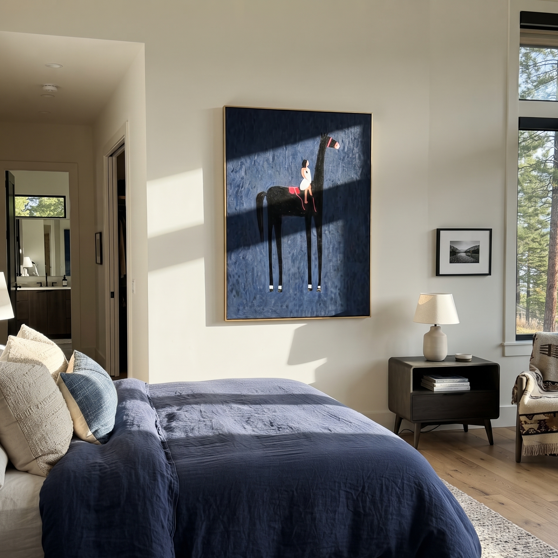 Red Boot Touches Midnight styled with wood, linen, and modern decor