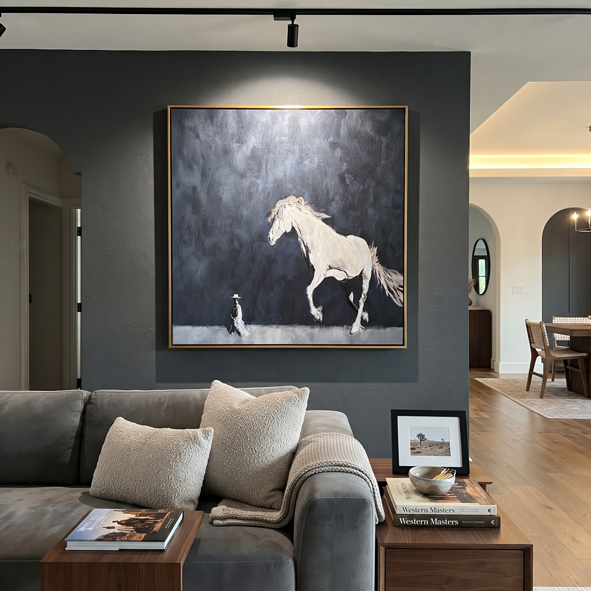 White Horse Defies Keeper displayed in a collected contemporary interior