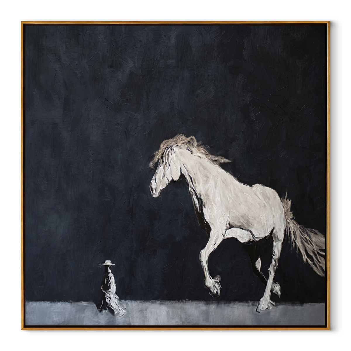 White Horse Defies Keeper equestrian horse painting, square canvas artwork