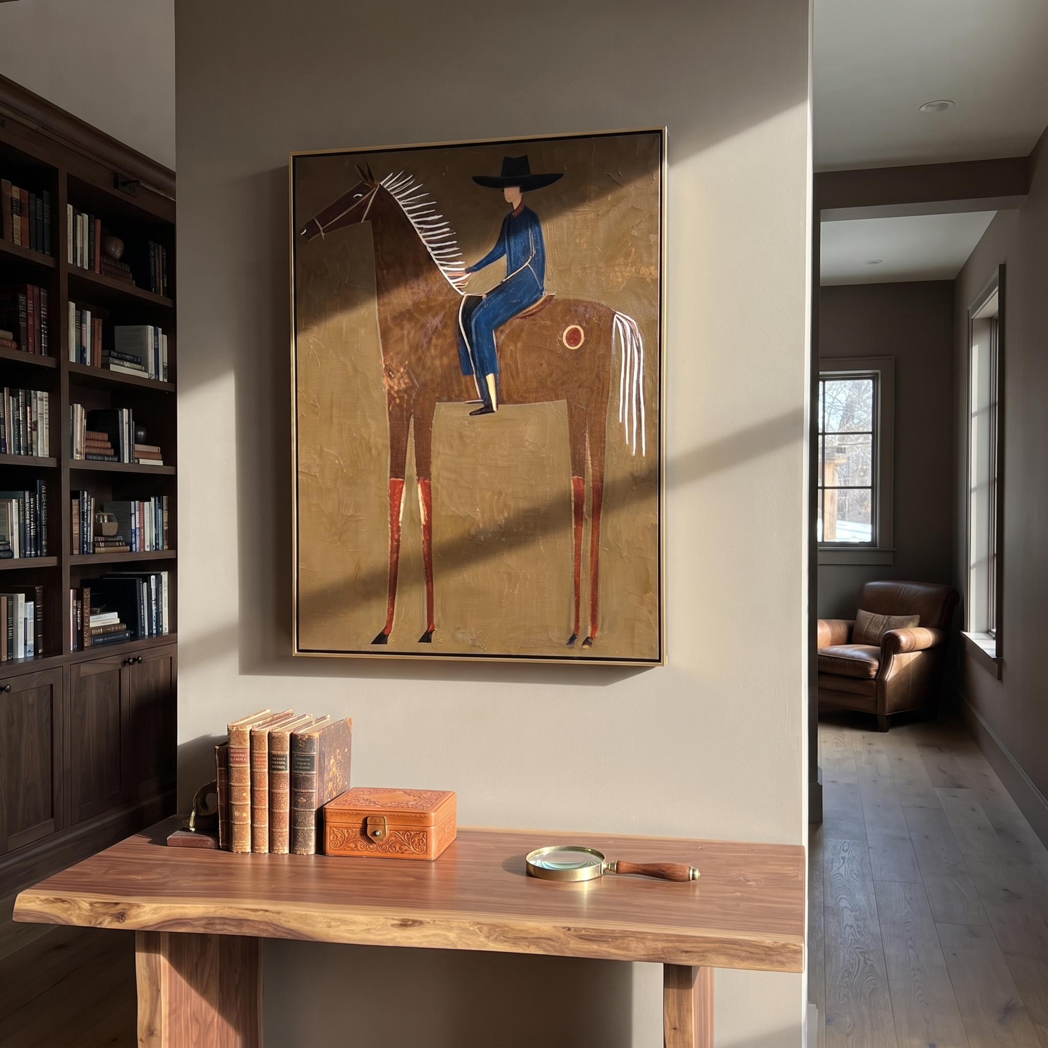 Blue Rider Sits Tall displayed in a layered residential setting
