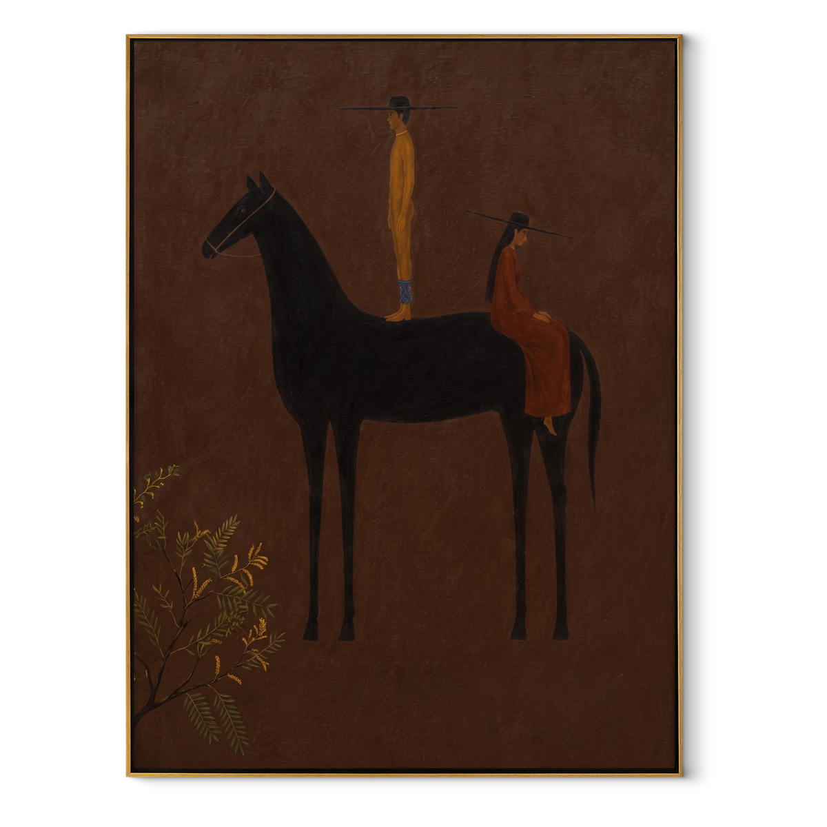 Amber Figure Rides Umber equestrian horse painting, vertical canvas artwork