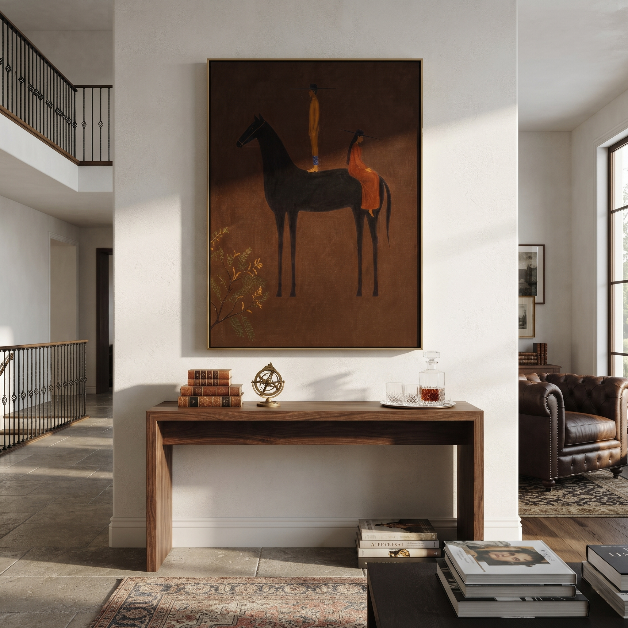 Amber Figure Rides Umber styled with wood, linen, and modern decor