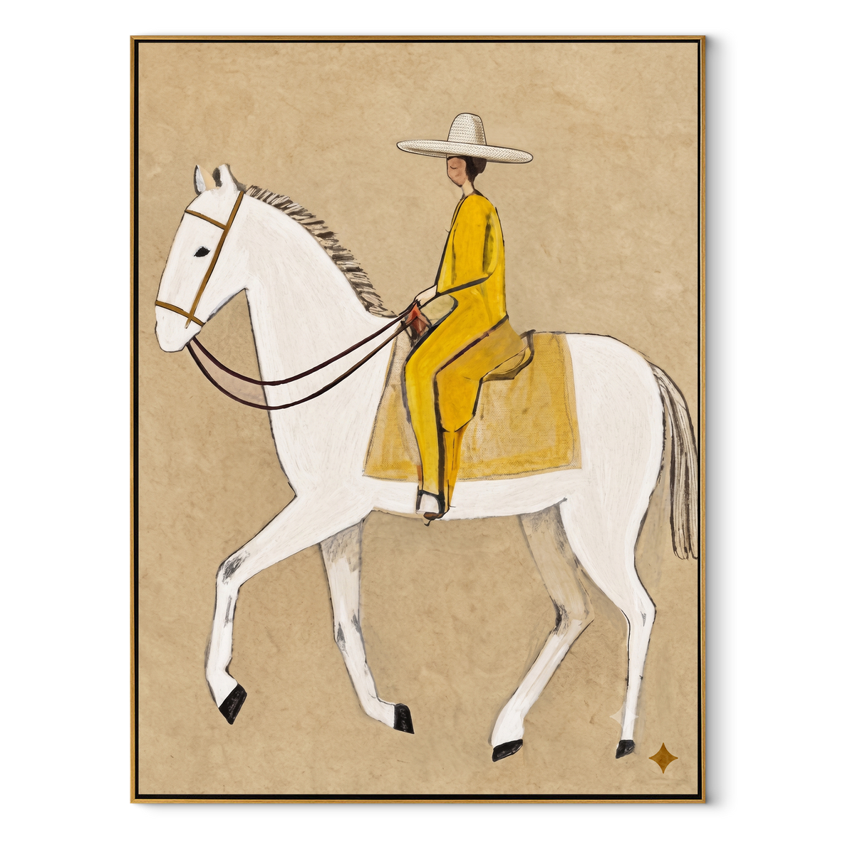 Yellow Tailoring Meets Ivory equestrian horse painting, vertical canvas artwork