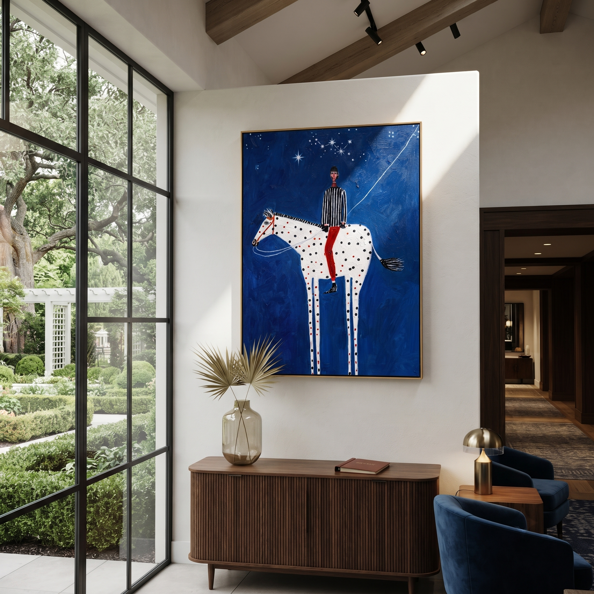 White Pinto Crosses Midnight displayed in a collected contemporary interior