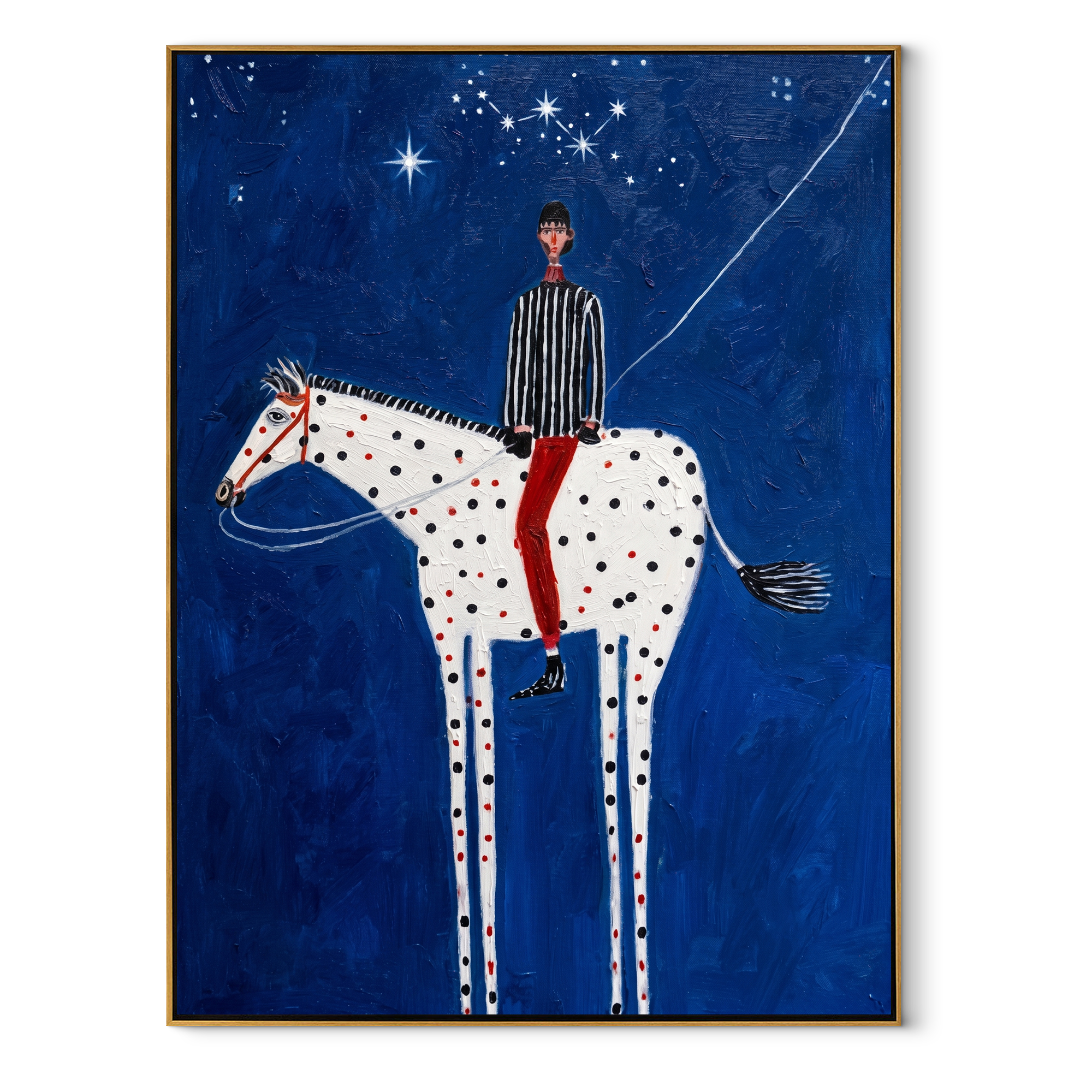 White Pinto Crosses Midnight equestrian horse painting, vertical canvas artwork