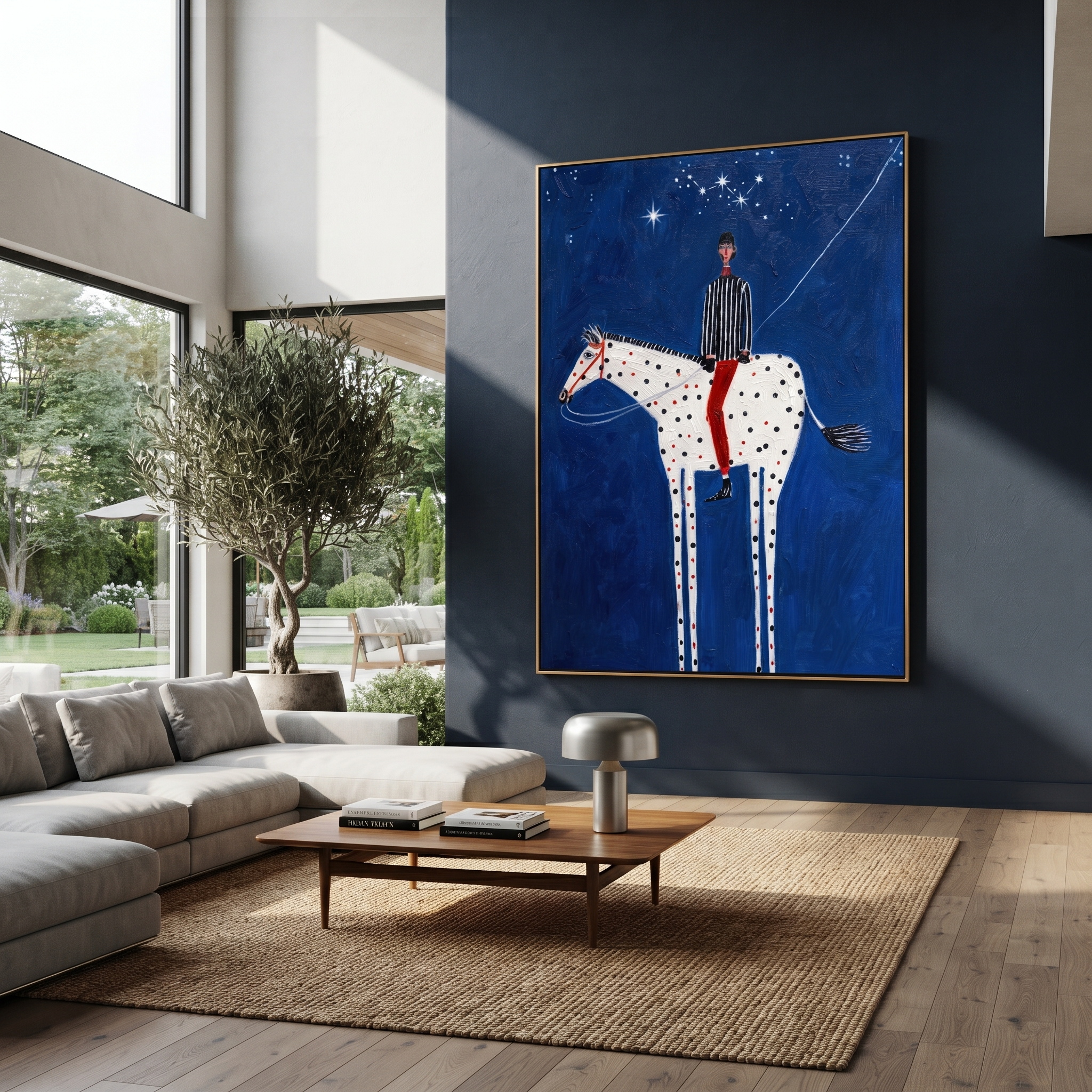 White Pinto Crosses Midnight styled with warm modern furnishings
