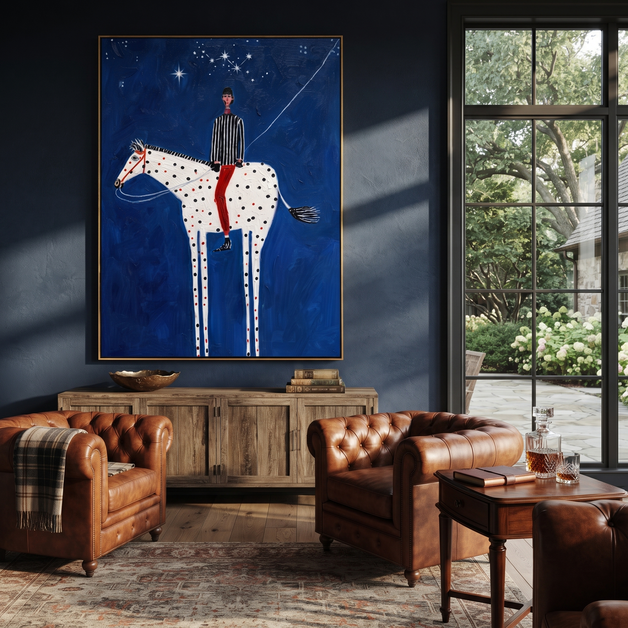 White Pinto Crosses Midnight displayed in a layered residential setting