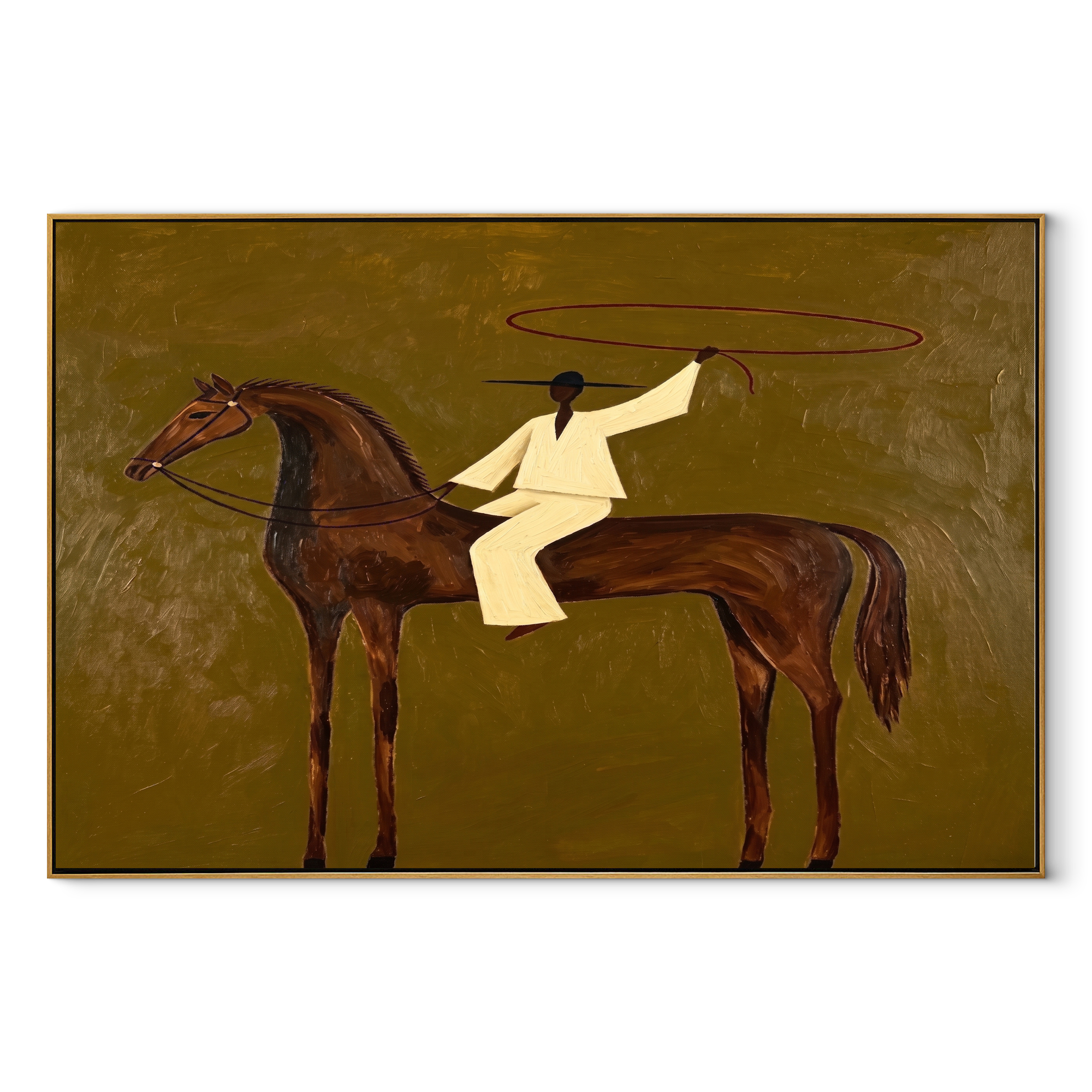 White Lasso Circles Chestnut equestrian horse painting, horizontal canvas artwork