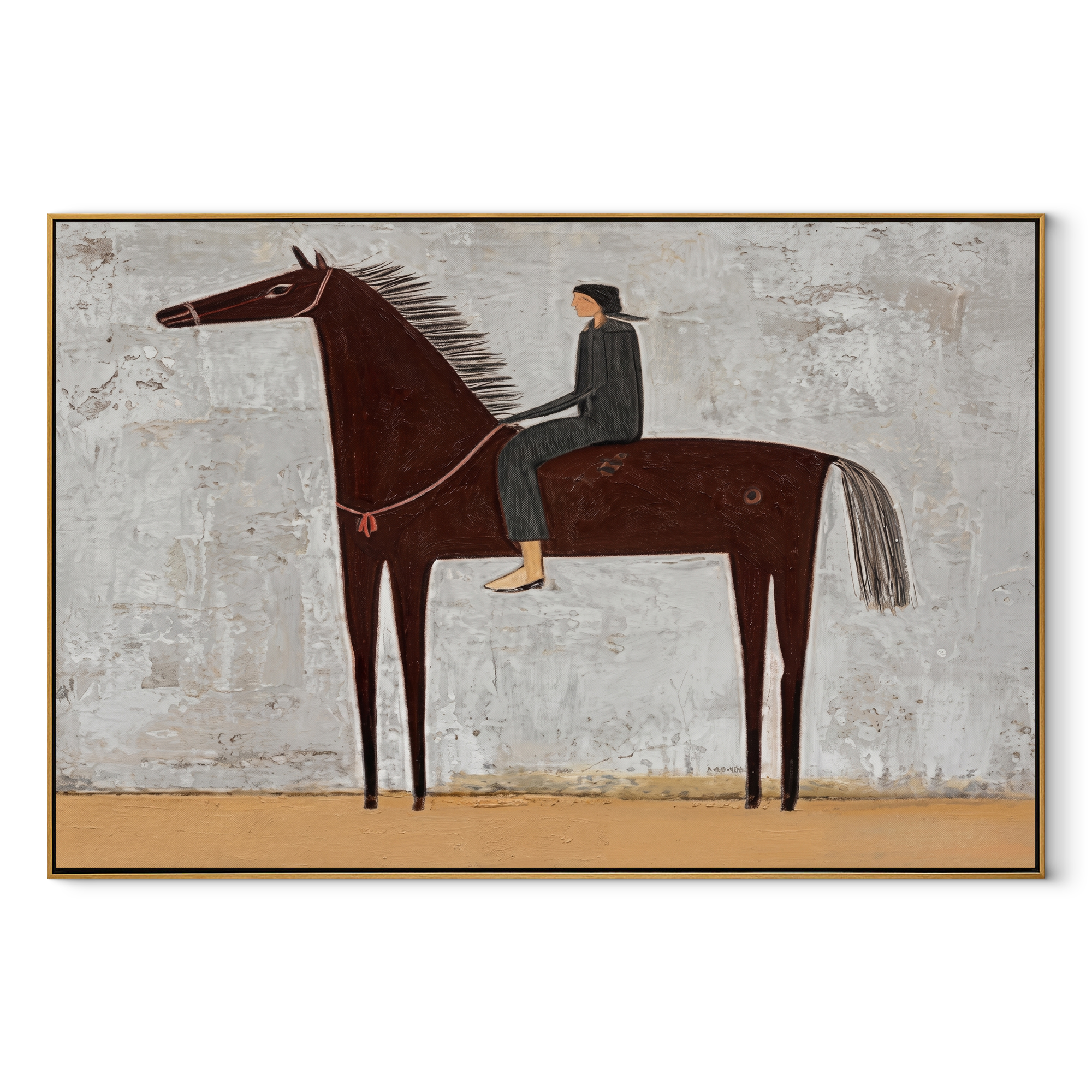 Quiet Rider Holds Gray equestrian horse painting, horizontal canvas artwork