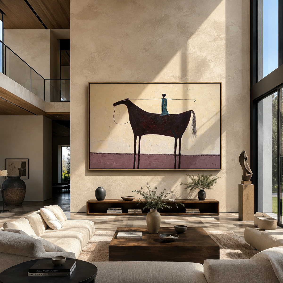 Blue Balance Spans Saddle styled with wood, linen, and modern decor