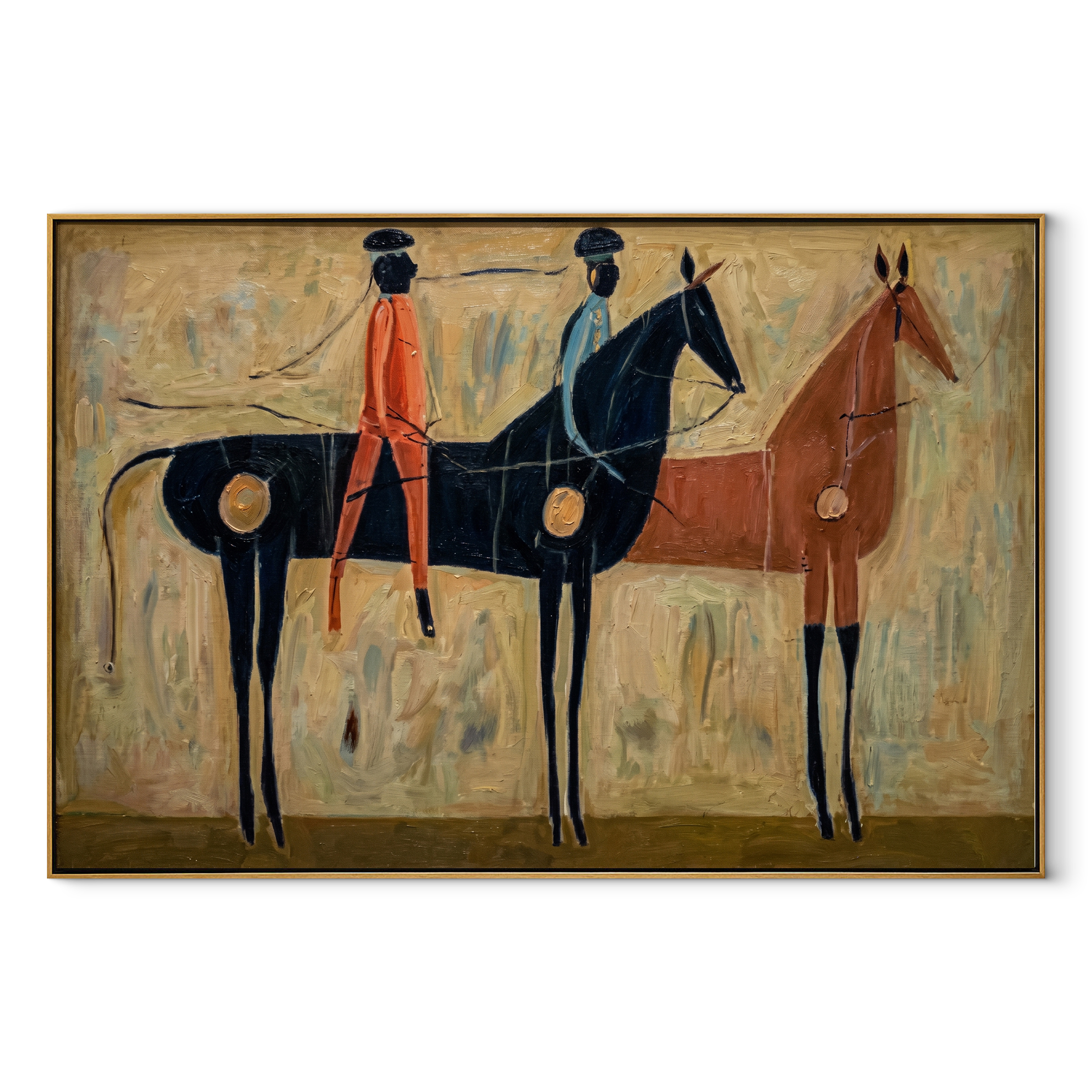 Three Riders Cross Fields equestrian horse painting, horizontal canvas artwork