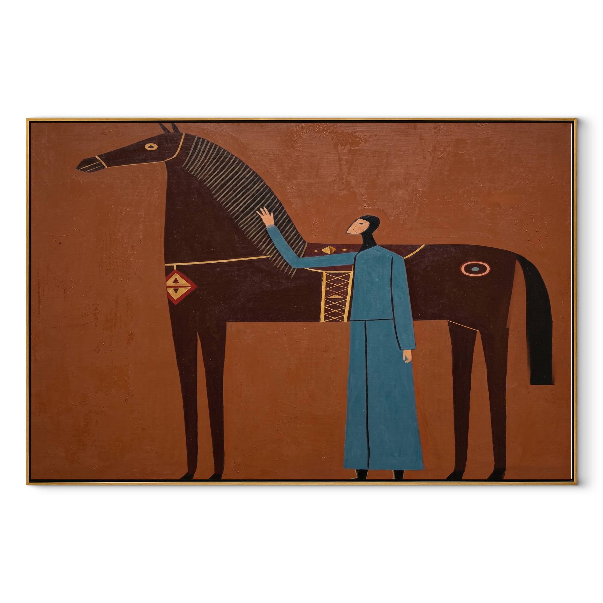 Blue Companion Meets Chestnut equestrian horse painting, horizontal canvas artwork