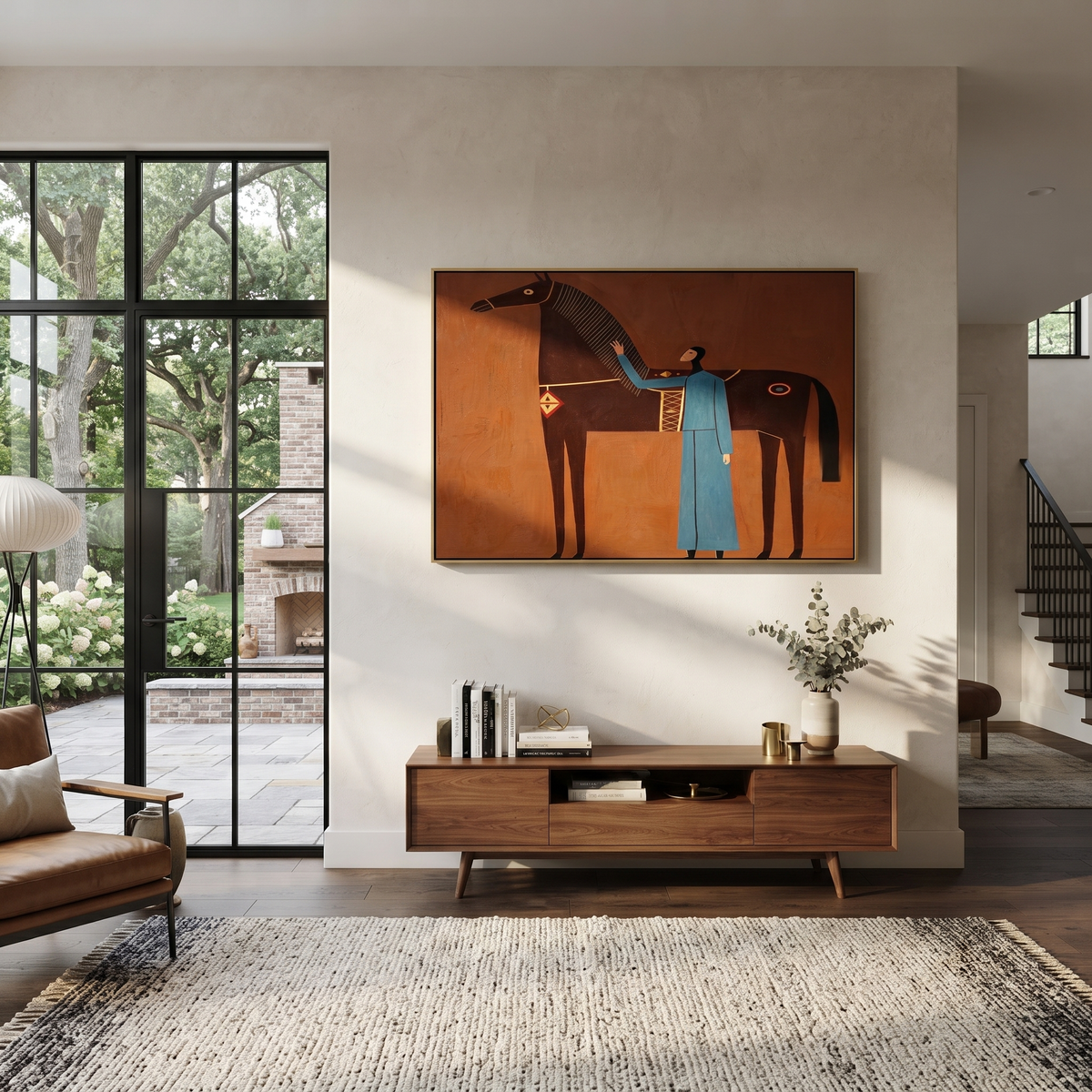 Blue Companion Meets Chestnut styled with warm modern furnishings