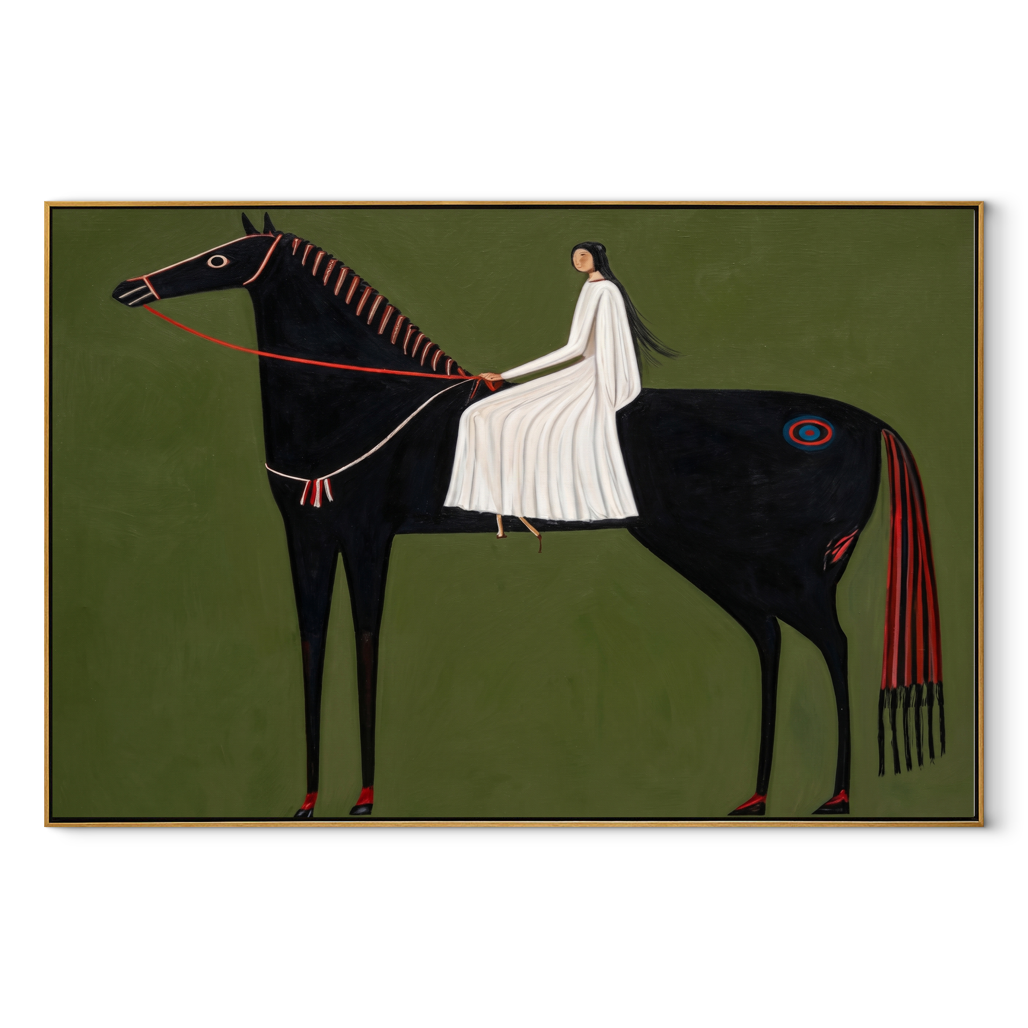 White Fabric Veils Black equestrian horse painting, horizontal canvas artwork