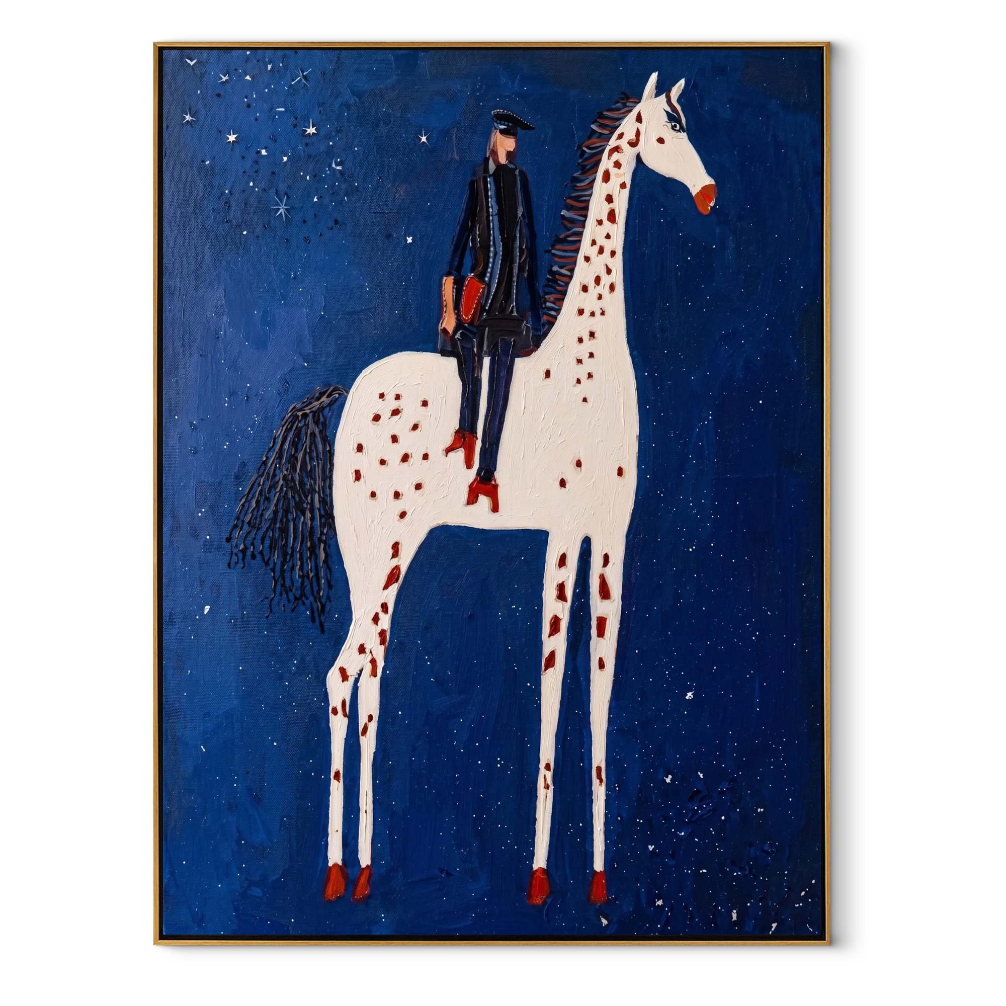 White Spots Pierce Night equestrian horse painting, vertical canvas artwork