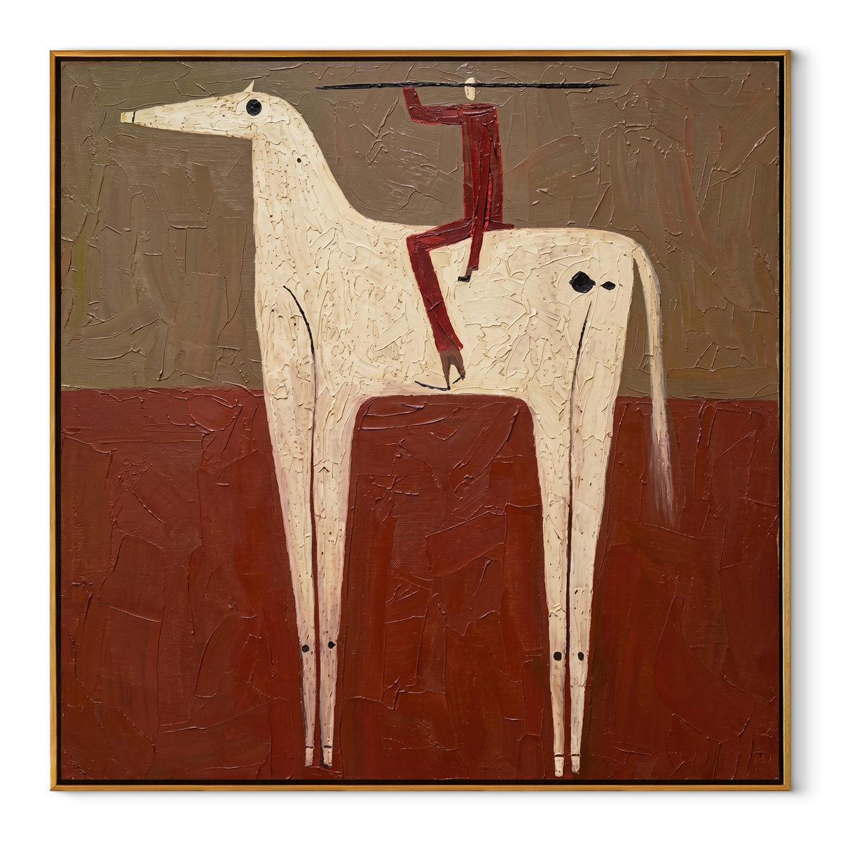 Red Acrobat Climbs Ivory equestrian horse painting, square canvas artwork