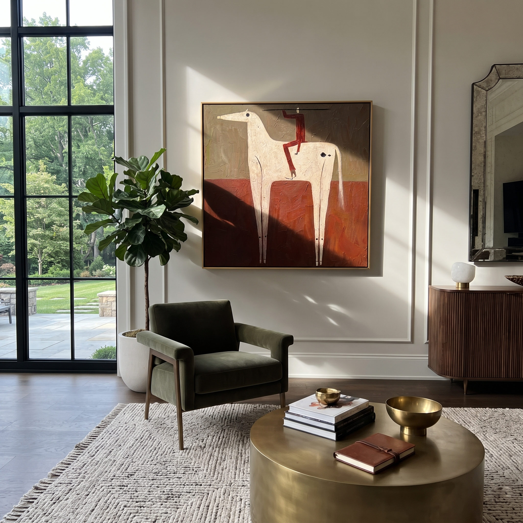 Red Acrobat Climbs Ivory displayed in a layered residential setting