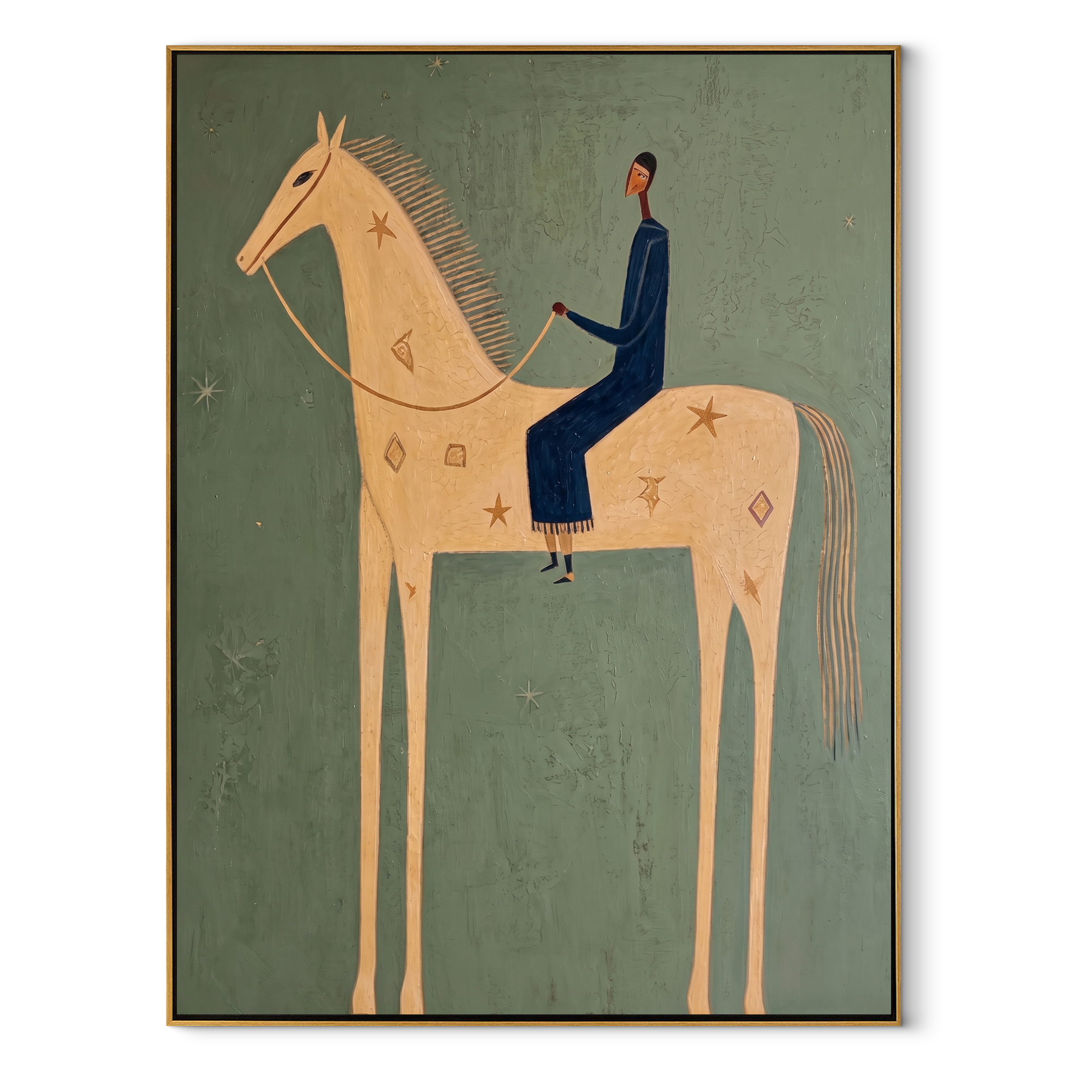 Blue Tailoring Rides Ivory equestrian horse painting, vertical canvas artwork