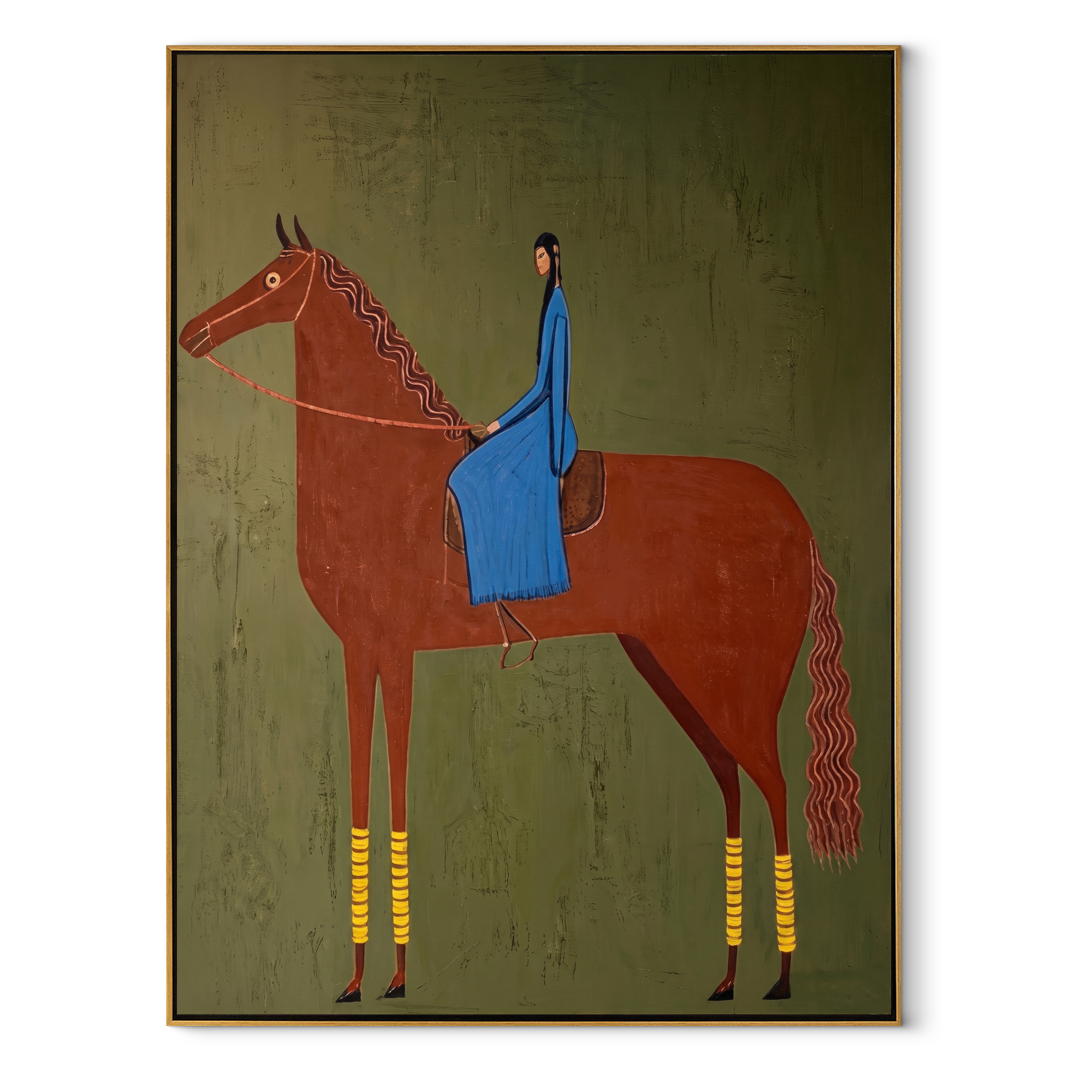Blue Fabric Rests Chestnut equestrian horse painting, vertical canvas artwork