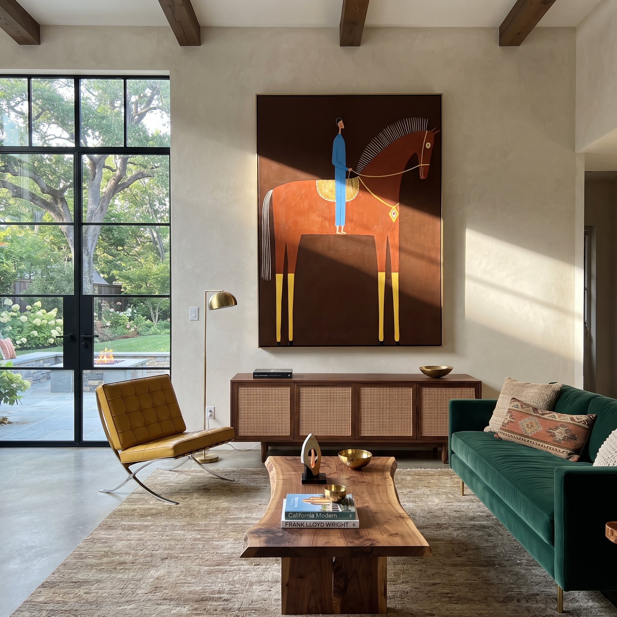 Blue Rider Meets Crimson displayed in a collected contemporary interior