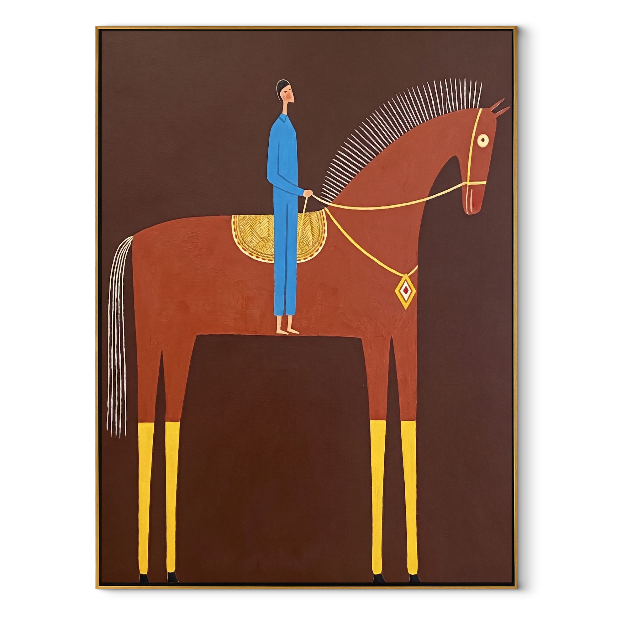 Blue Rider Meets Crimson equestrian horse painting, vertical canvas artwork