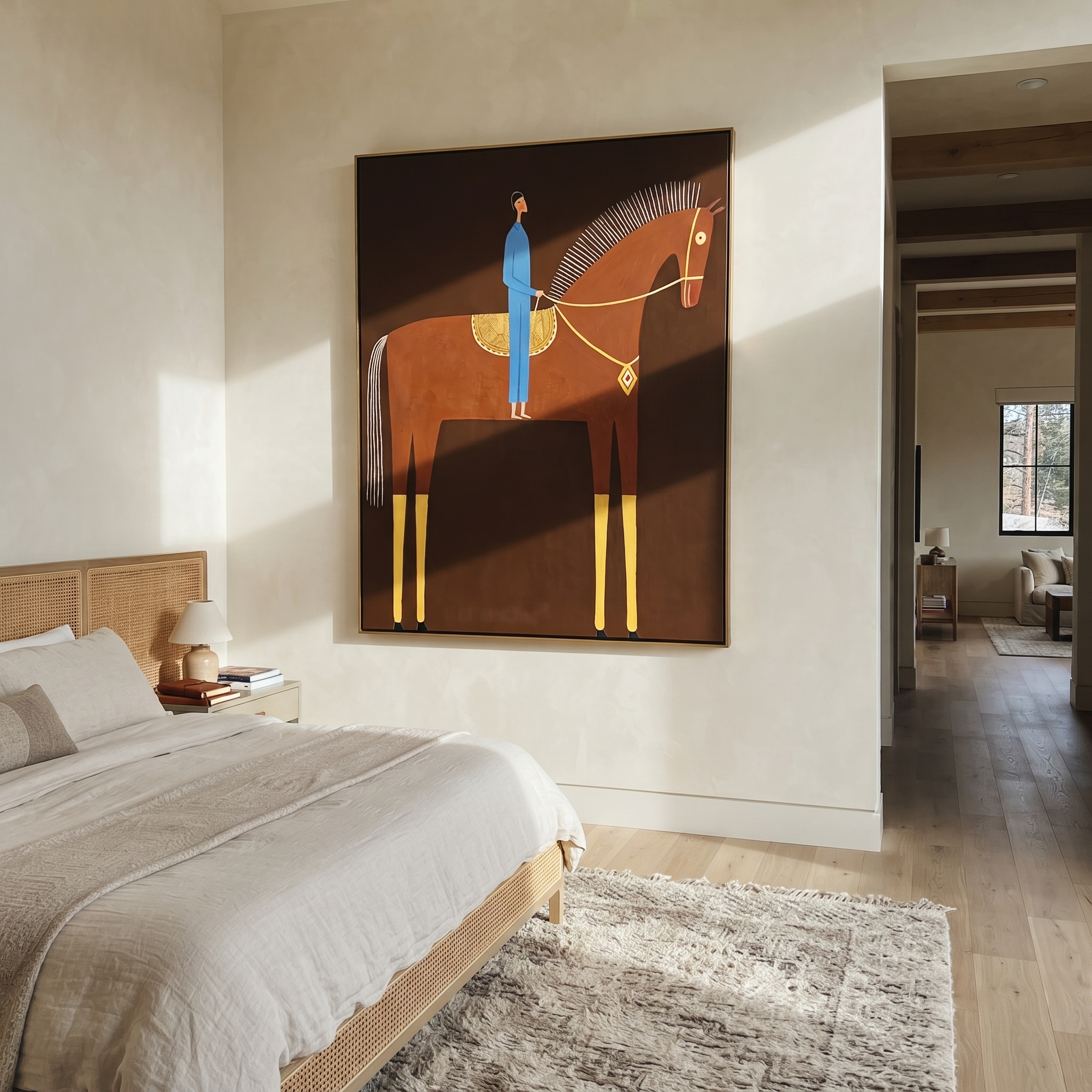 Blue Rider Meets Crimson displayed in a layered residential setting
