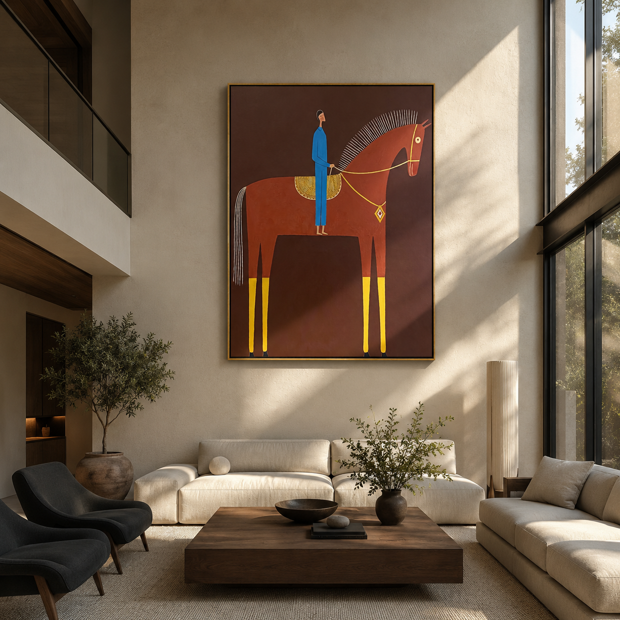 Blue Rider Meets Crimson styled with wood, linen, and modern decor