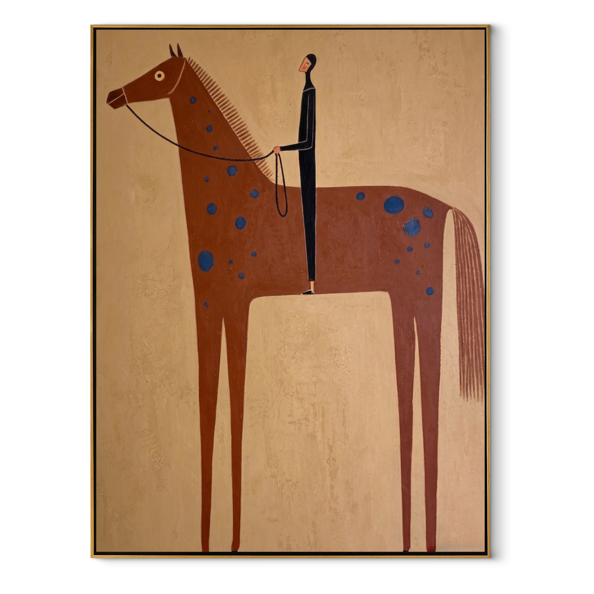 Blue Spots Cross Chestnut equestrian horse painting, vertical canvas artwork