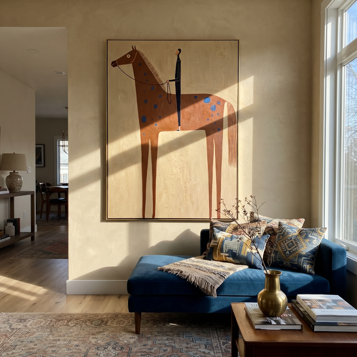 Blue Spots Cross Chestnut styled with wood, linen, and modern decor