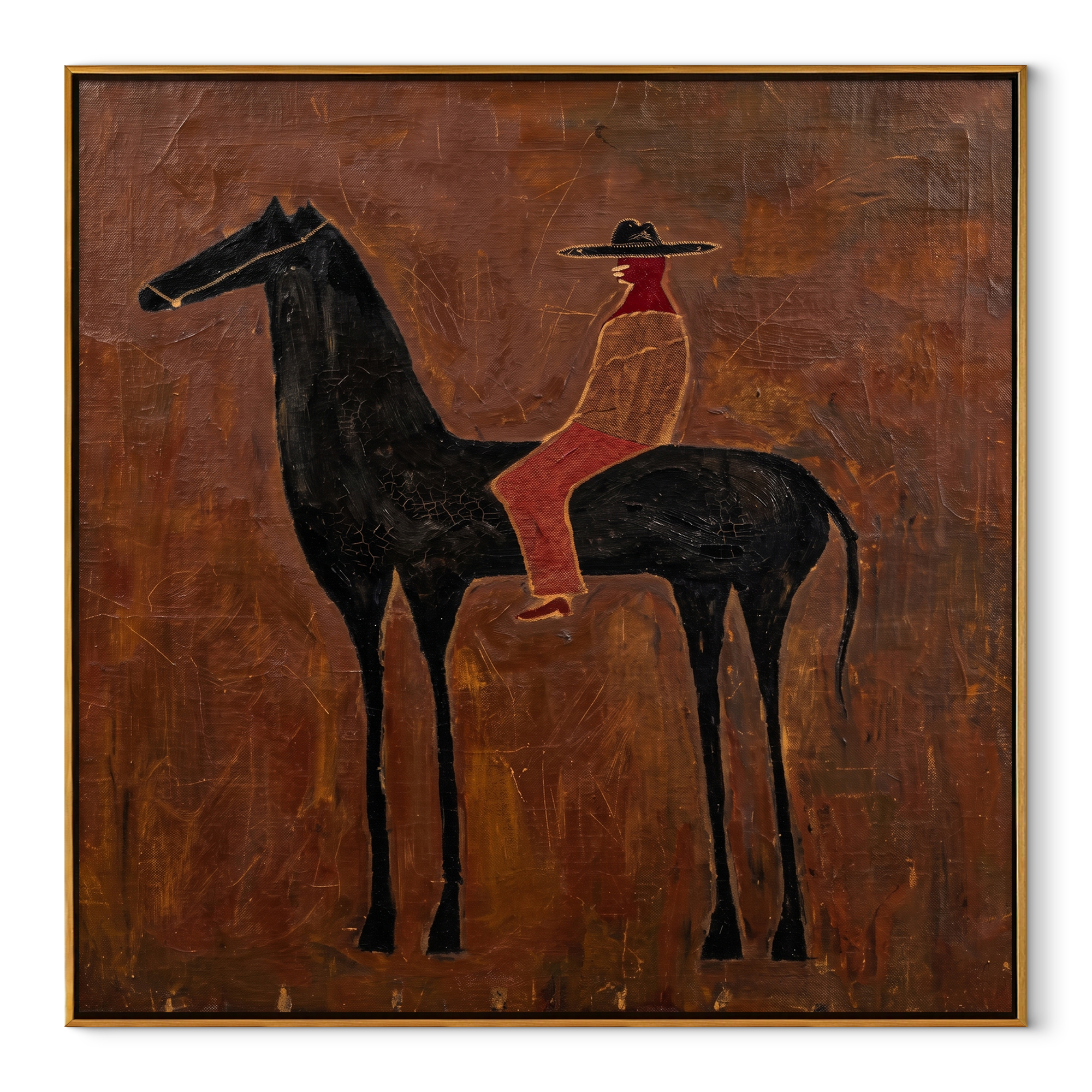Rust Cowgirl Rides Black equestrian horse painting, square canvas artwork