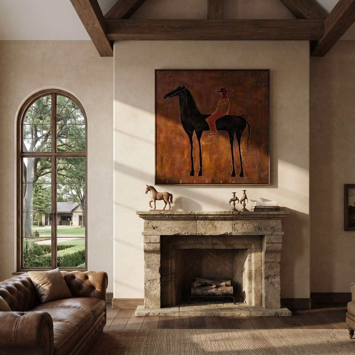 Rust Cowgirl Rides Black styled with wood, linen, and modern decor
