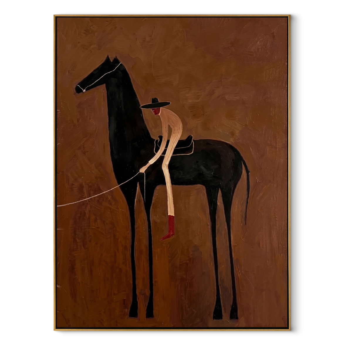Bent Rider Hears Midnight equestrian horse painting, vertical canvas artwork