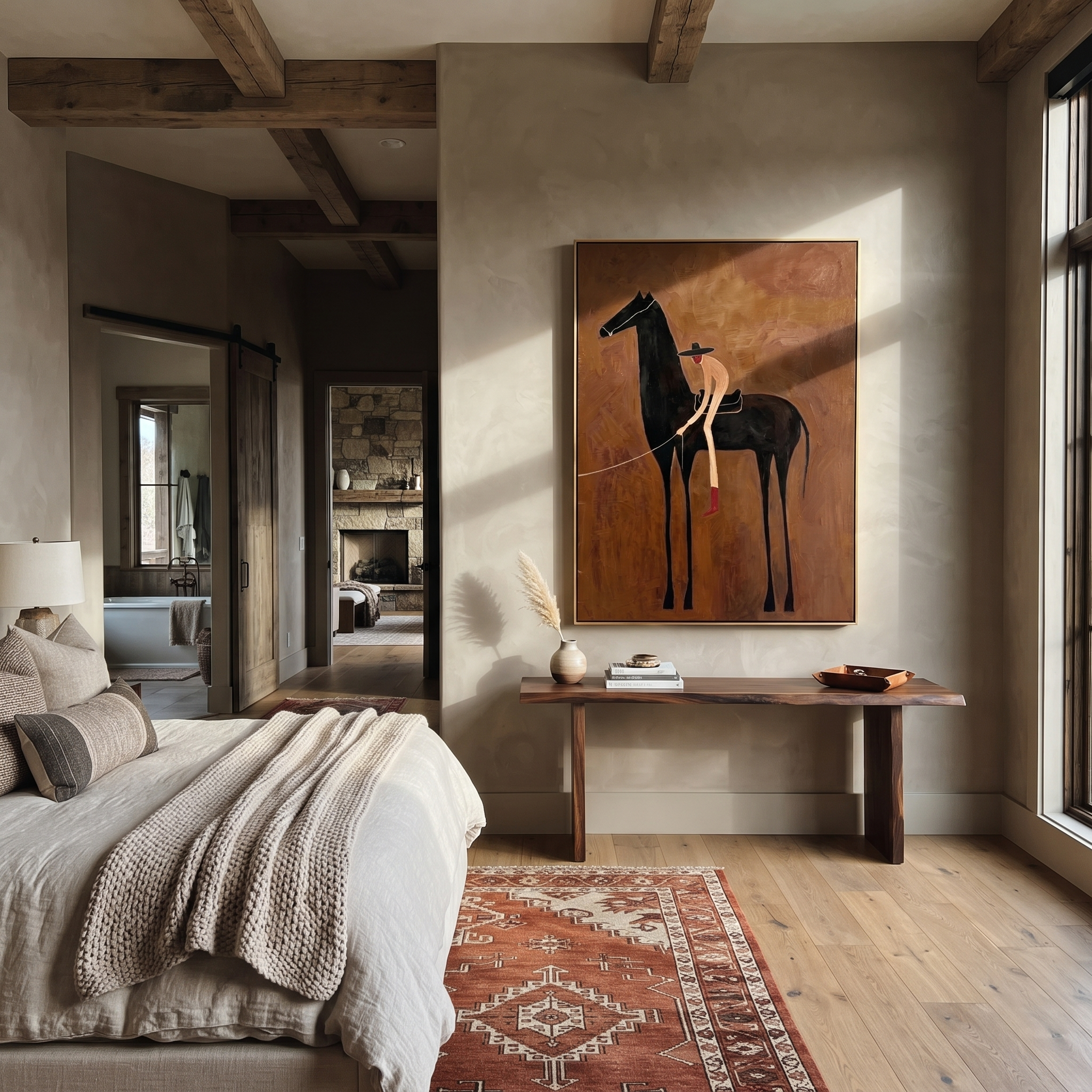 Bent Rider Hears Midnight styled with wood, linen, and modern decor