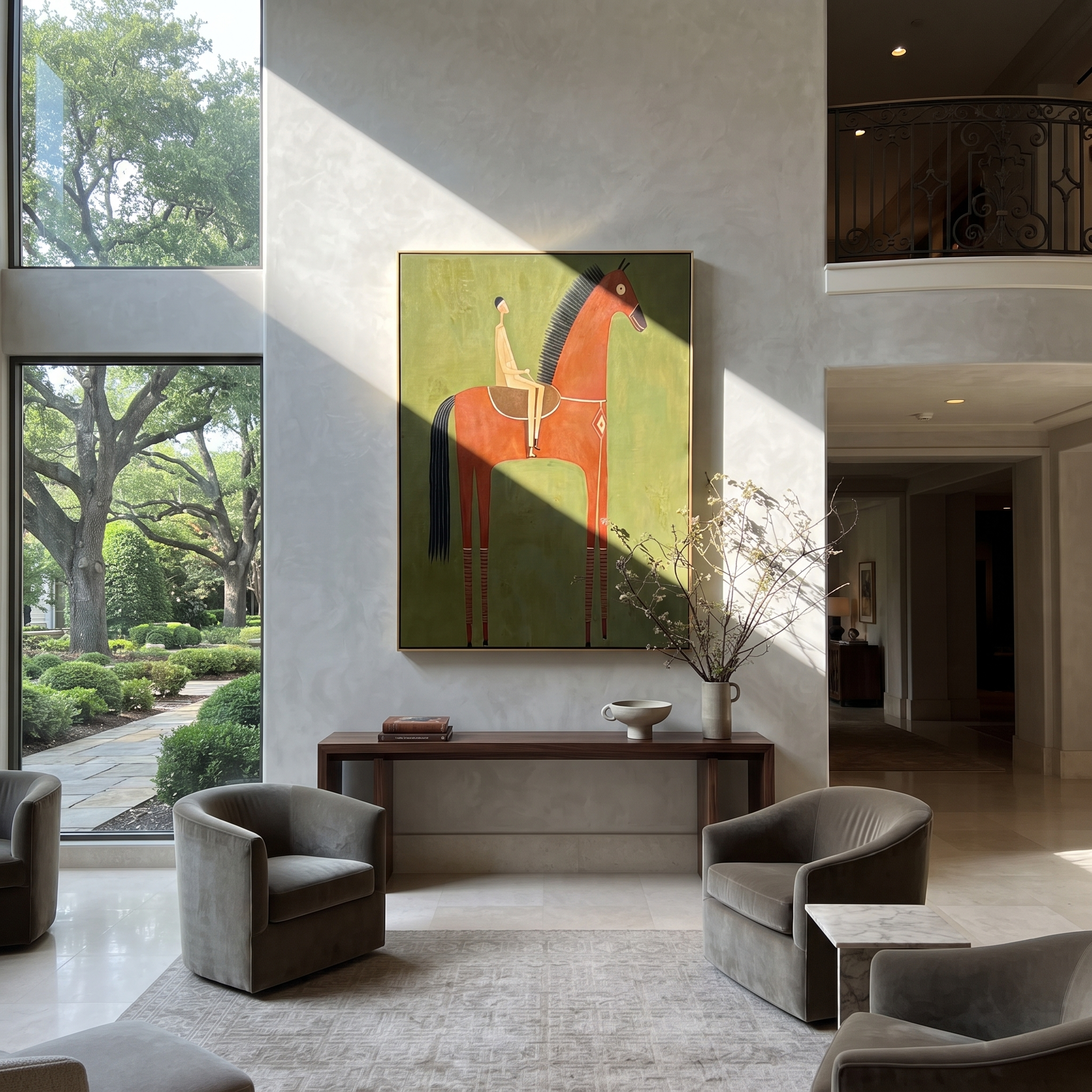 Red Horse Carries Silence displayed in a layered residential setting