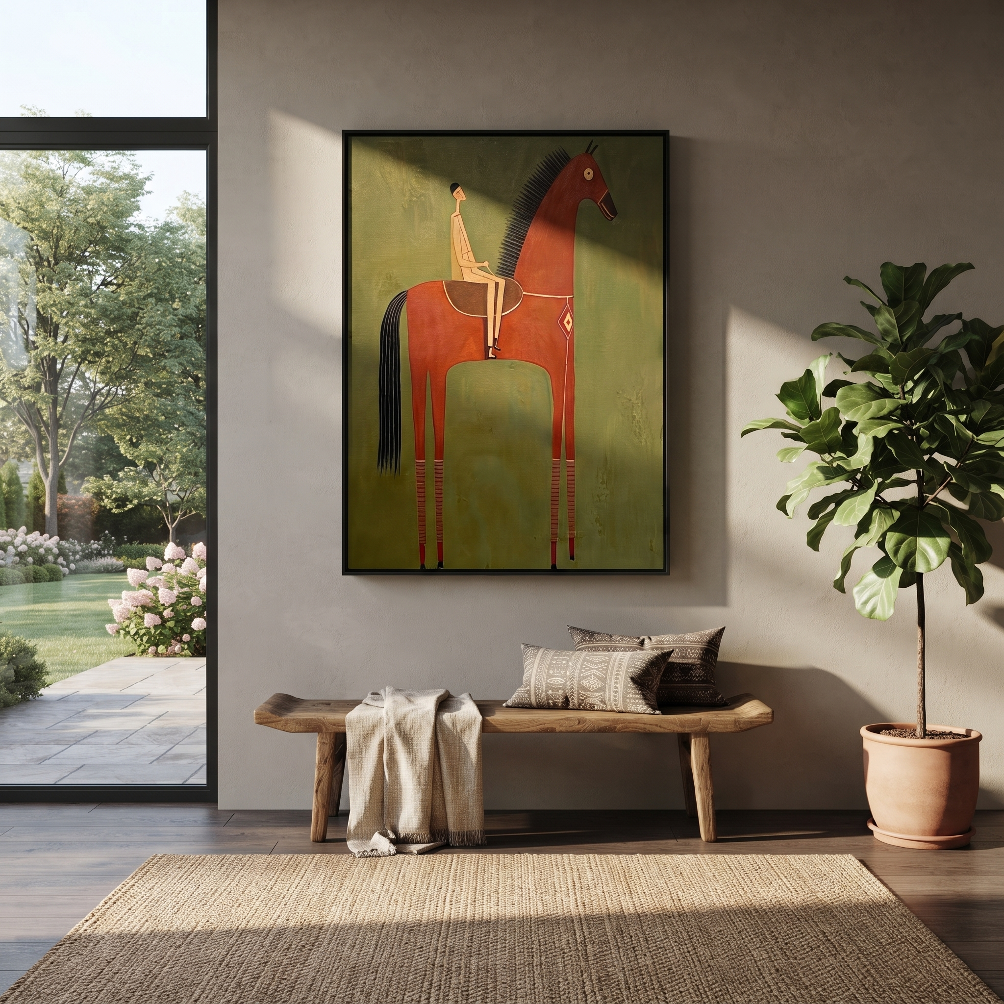 Red Horse Carries Silence styled with wood, linen, and modern decor