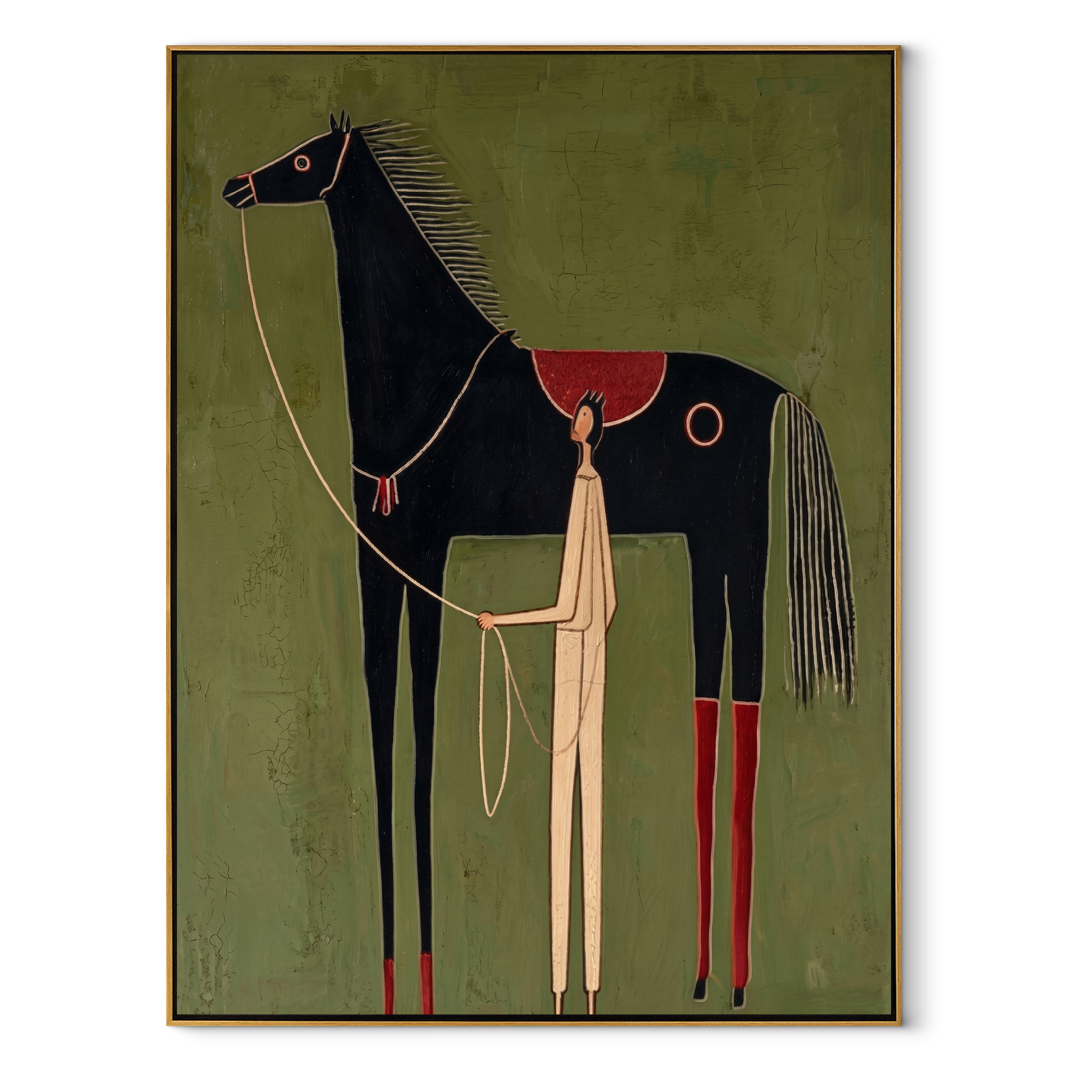 Pale Handler beneath Midnight equestrian horse painting, vertical canvas artwork