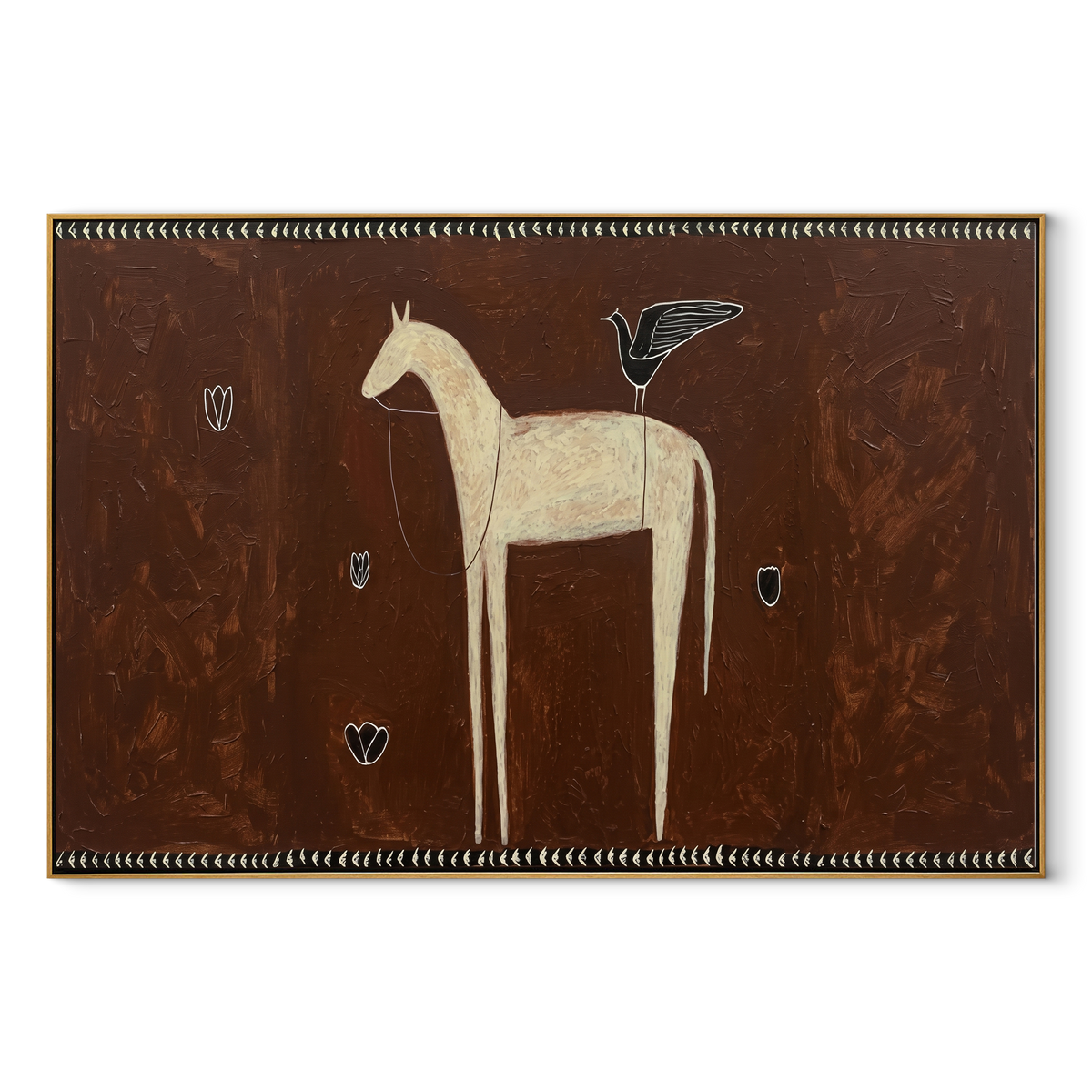 Ivory Horse among Shields equestrian horse painting, horizontal canvas artwork