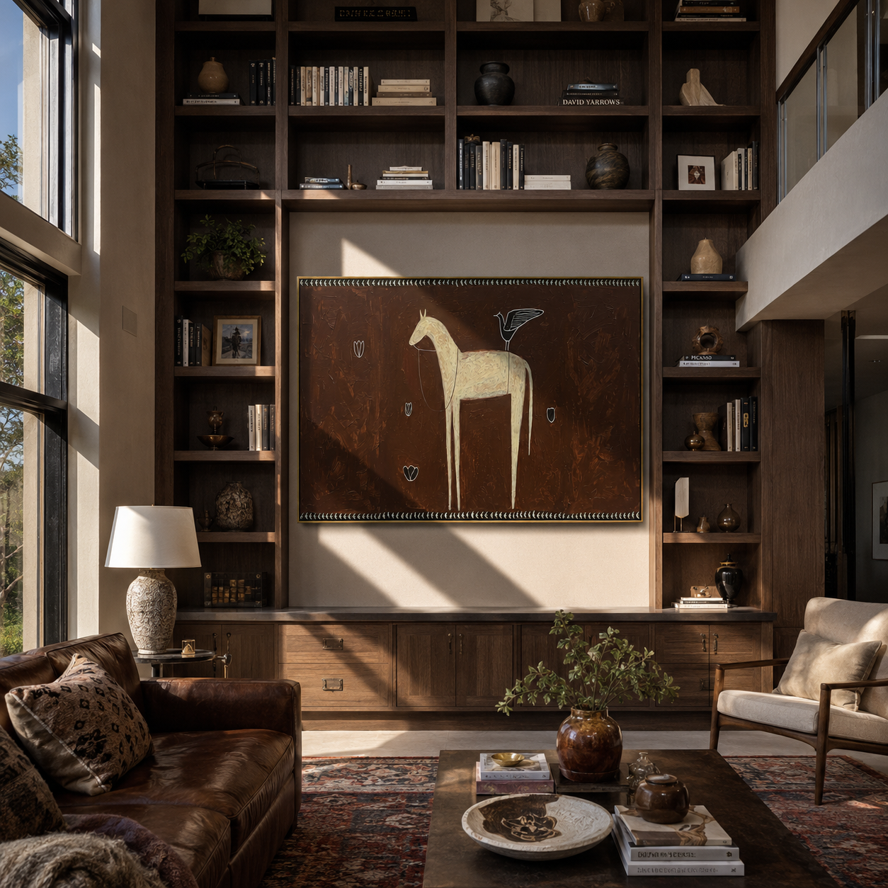 Ivory Horse among Shields presented as a colorful interior focal point