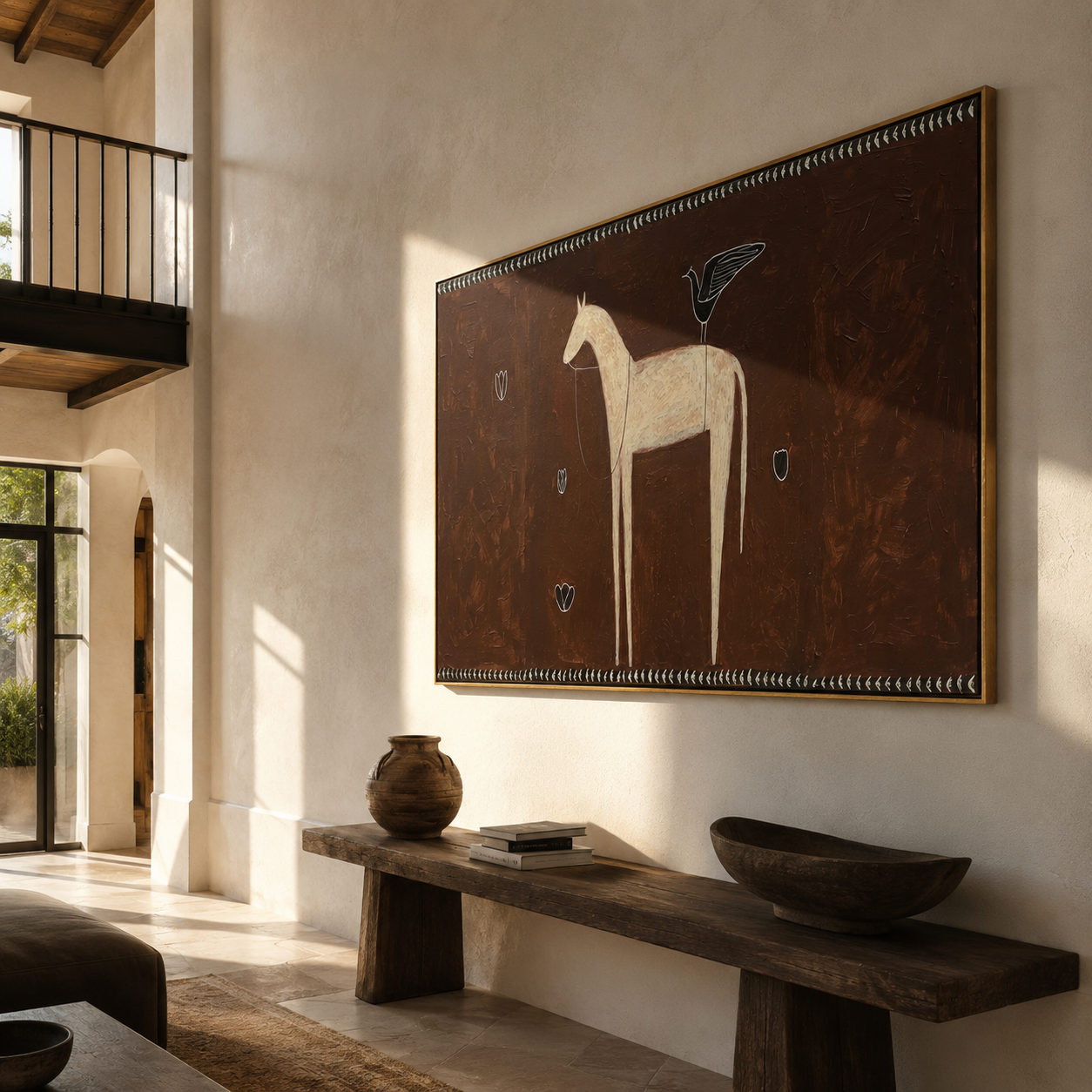 Ivory Horse among Shields displayed in a layered residential setting