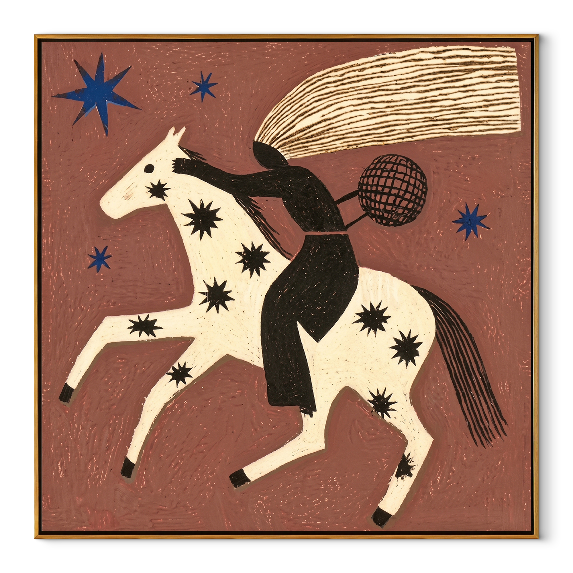 Black Rider Flies Stars equestrian horse painting, square canvas artwork