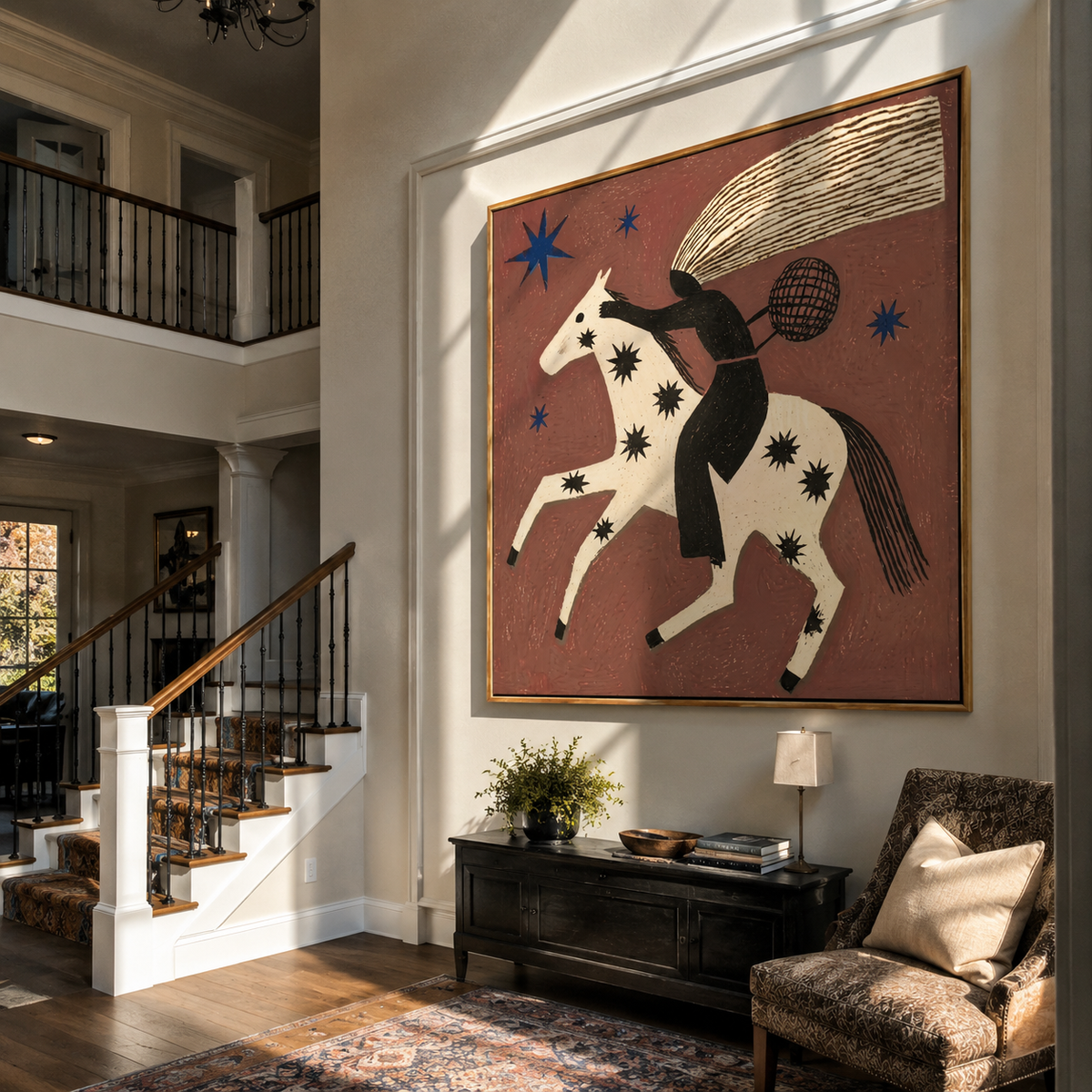 Black Rider Flies Stars styled with wood, linen, and modern decor