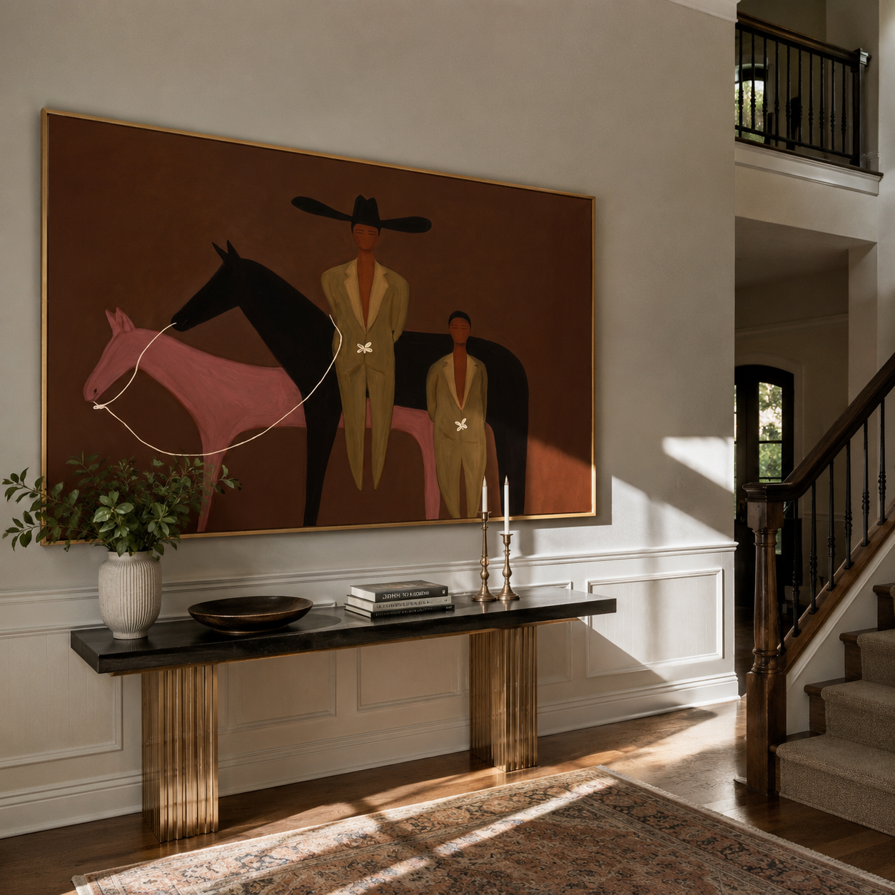 Two Riders Divide Pink displayed in a layered residential setting