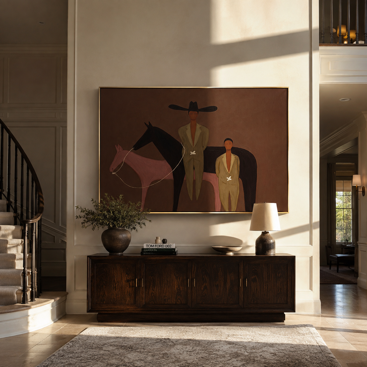 Two Riders Divide Pink styled with wood, linen, and modern decor