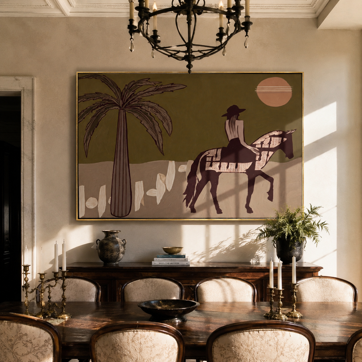 Palm Shadows Follow Pinto displayed in a collected contemporary interior
