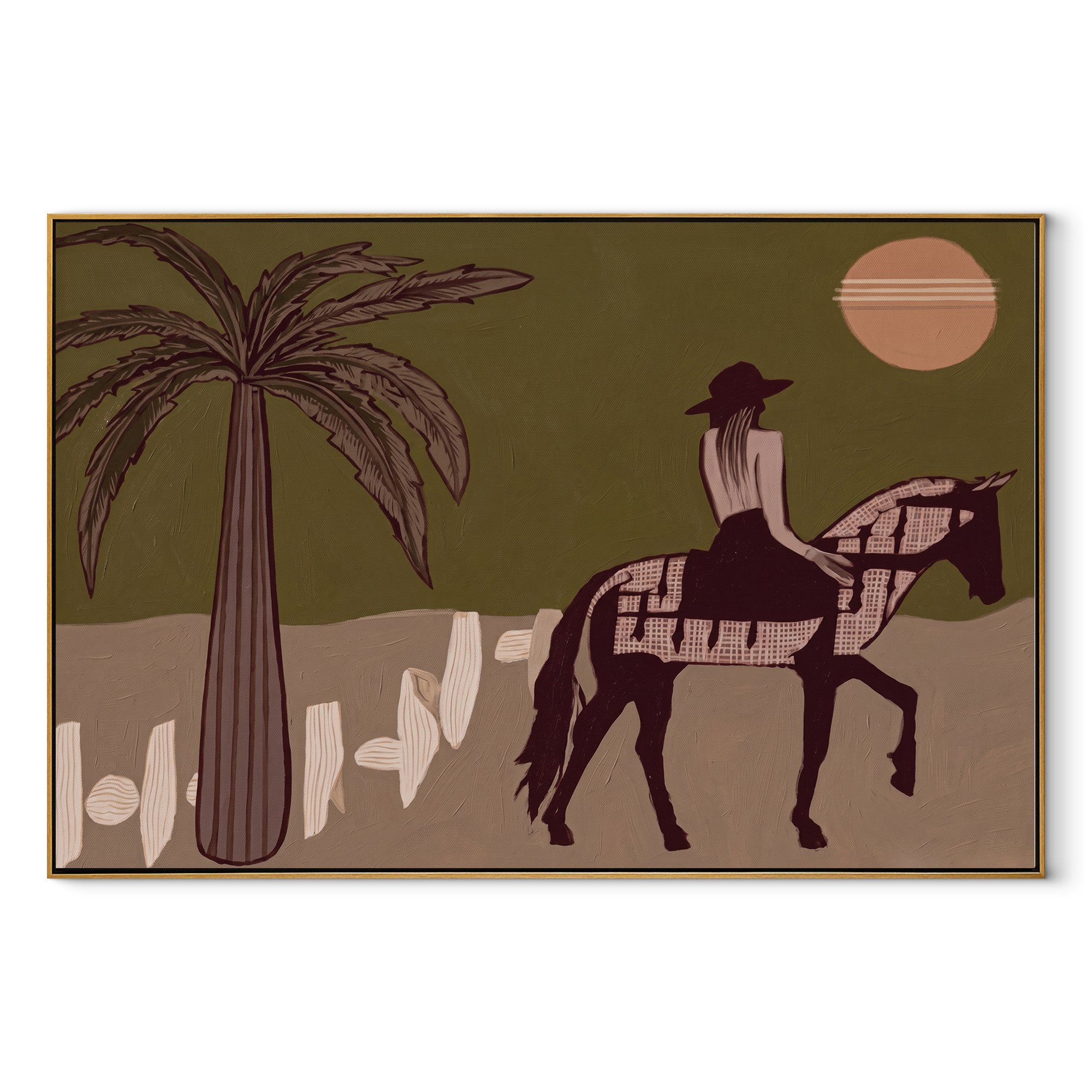 Palm Shadows Follow Pinto equestrian horse painting, horizontal canvas artwork