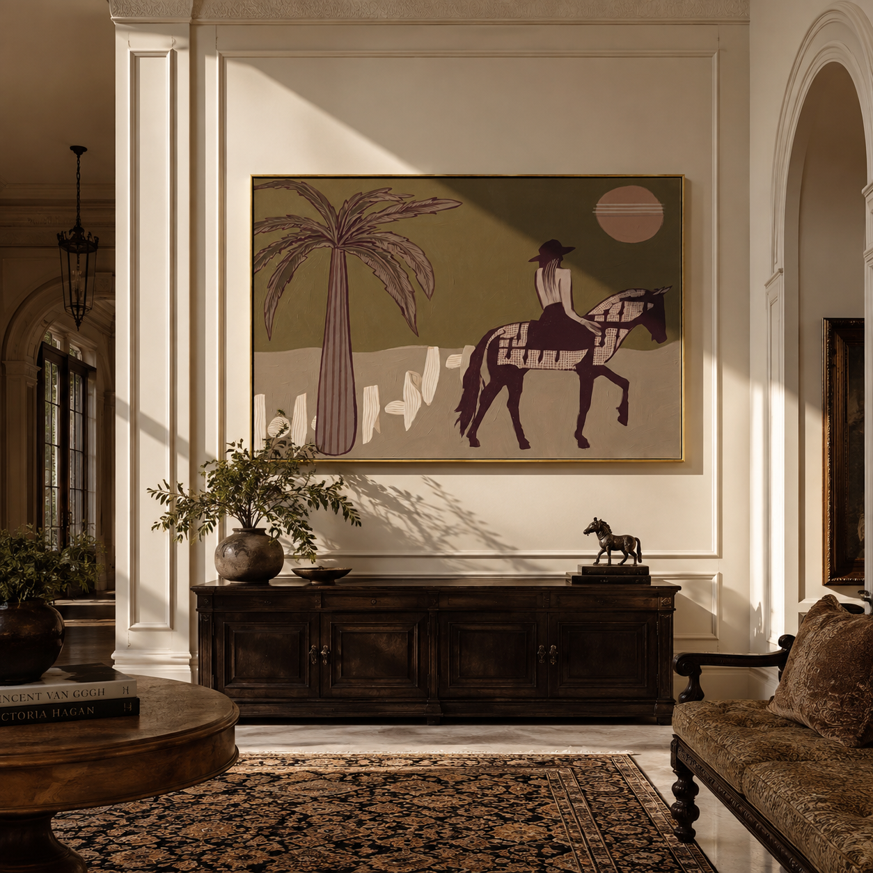 Palm Shadows Follow Pinto displayed in a layered residential setting