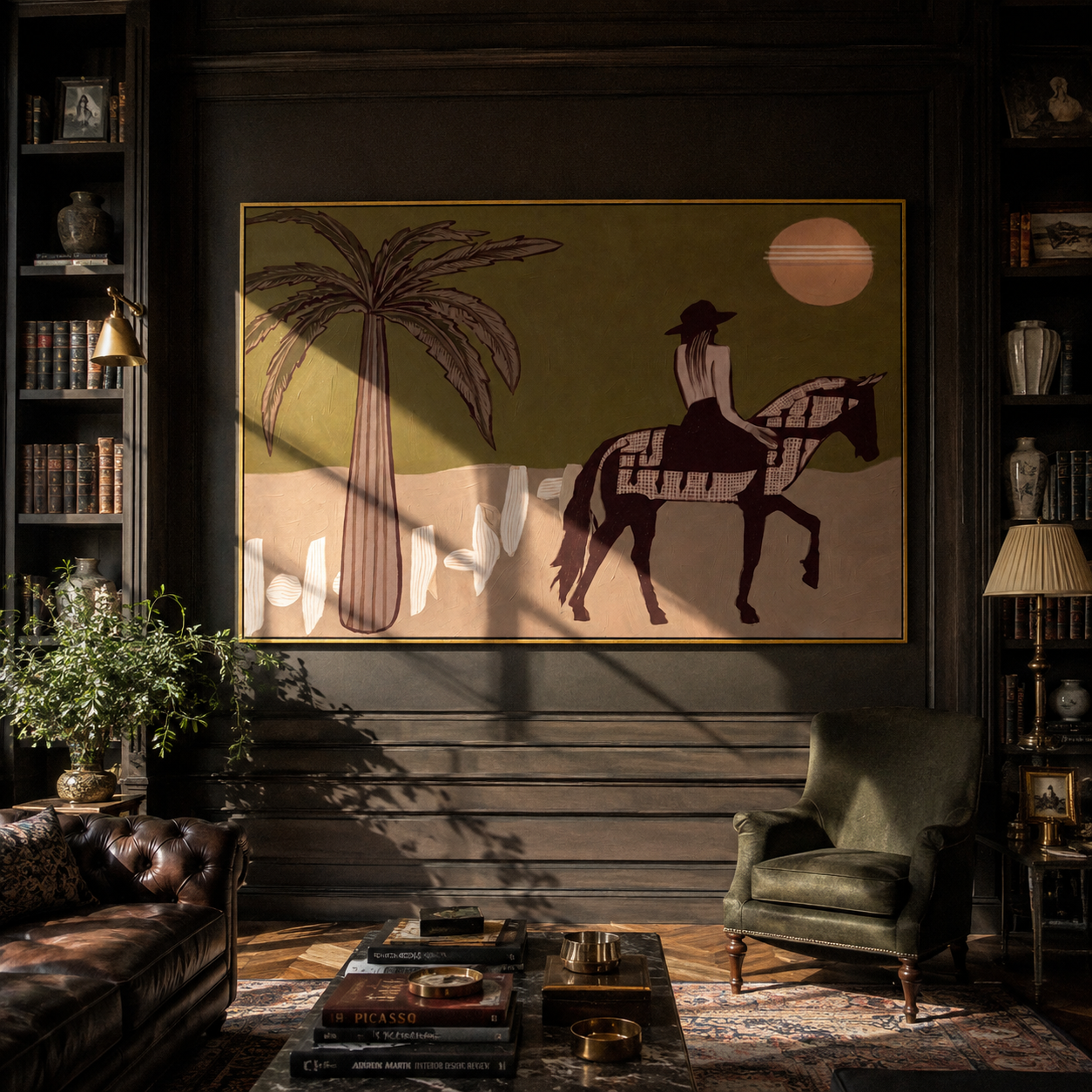 Palm Shadows Follow Pinto styled with wood, linen, and modern decor