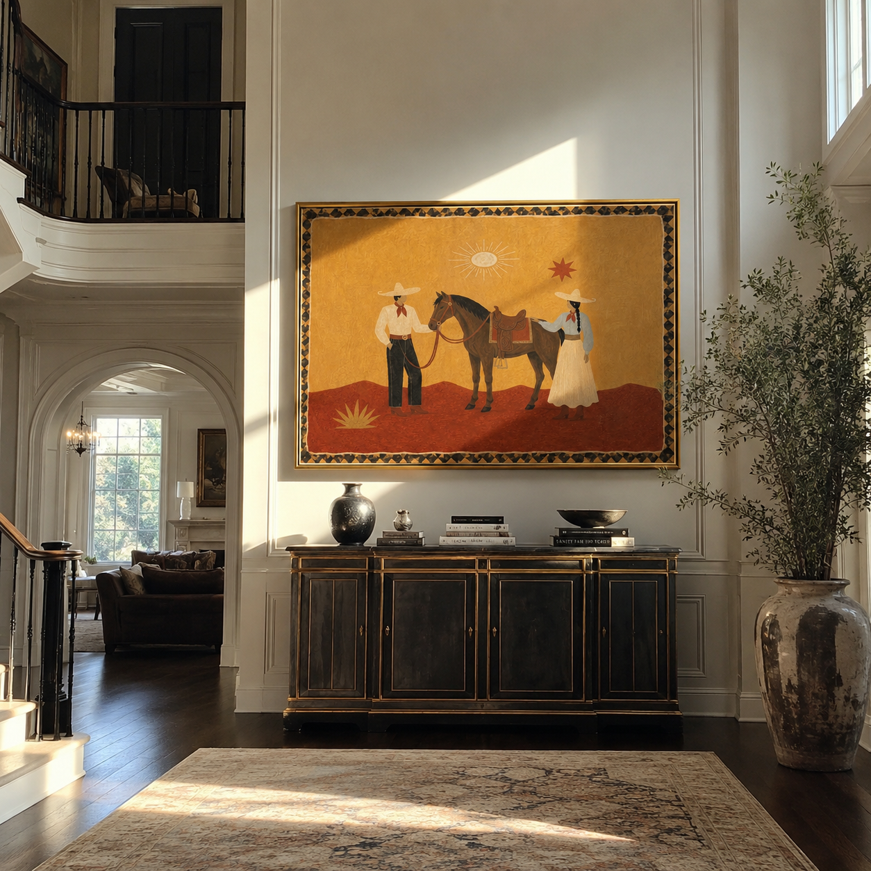 Desert Family Meets Horse displayed in a collected contemporary interior