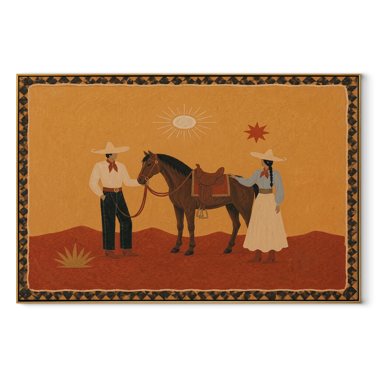 Desert Family Meets Horse equestrian horse painting, horizontal canvas artwork