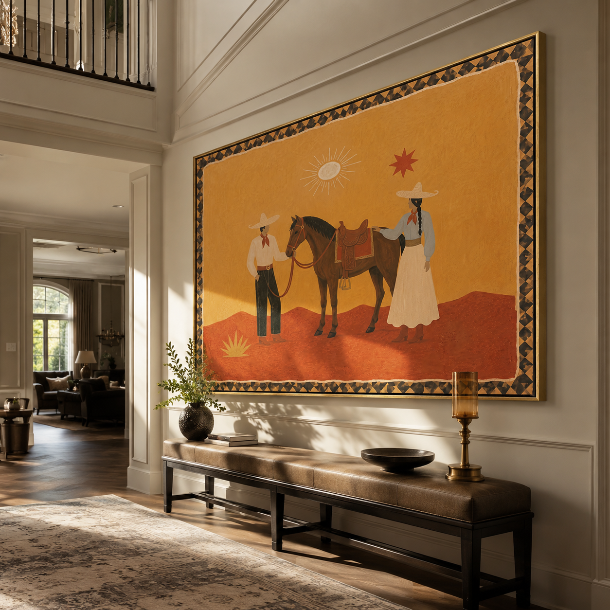 Desert Family Meets Horse displayed in a layered residential setting